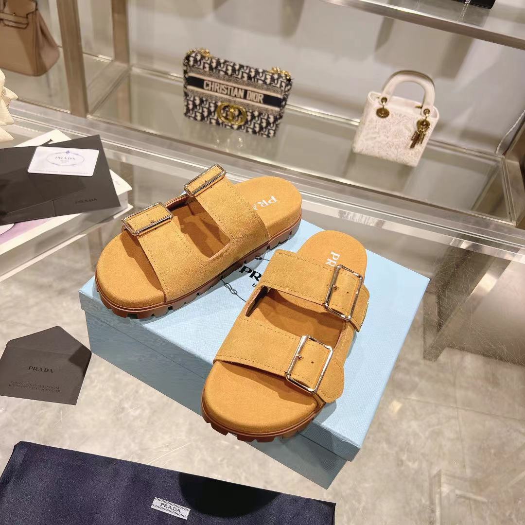 Prada Ecru Suede Strap Slides  - DopestKickz