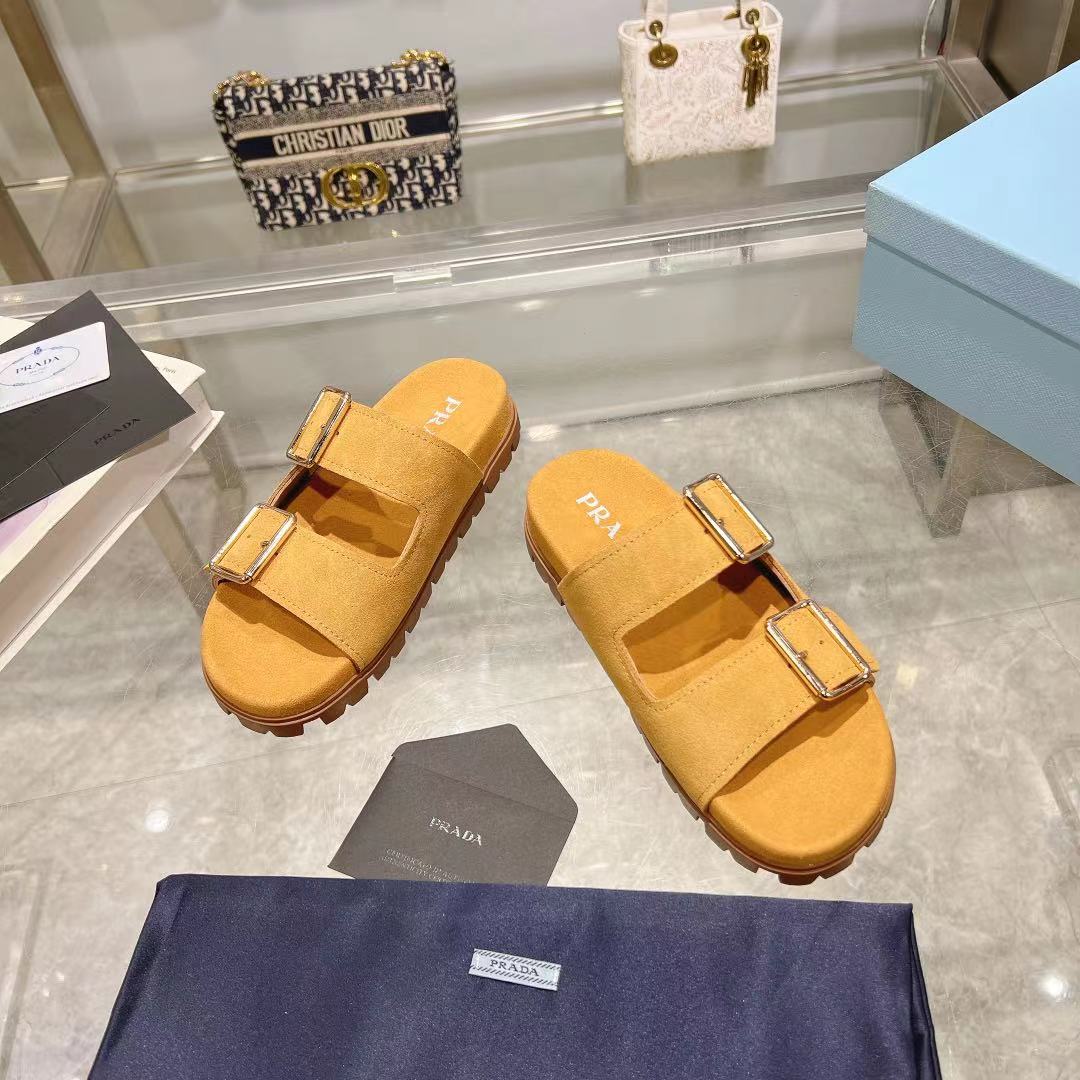 Prada Ecru Suede Strap Slides  - DopestKickz