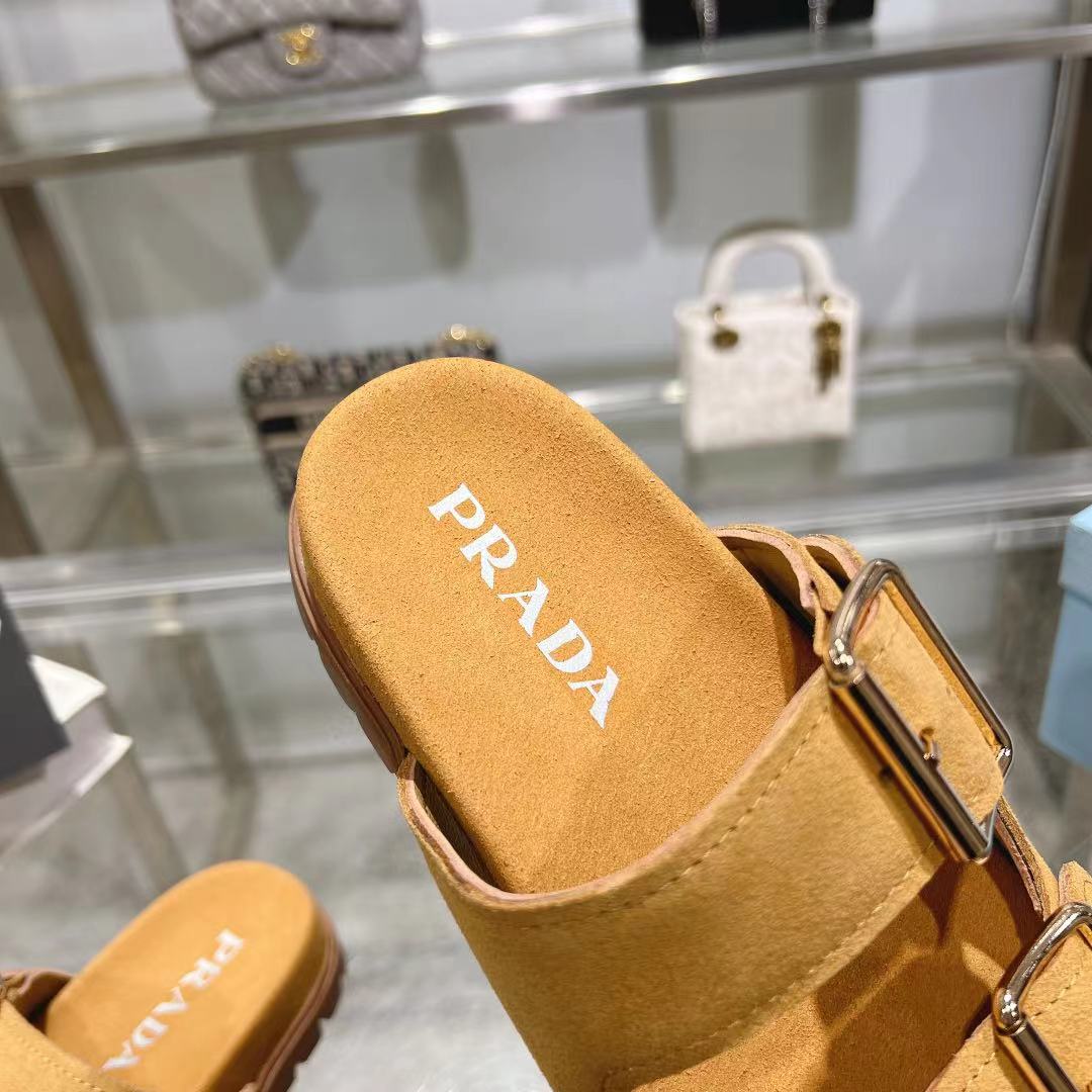 Prada Ecru Suede Strap Slides  - DopestKickz