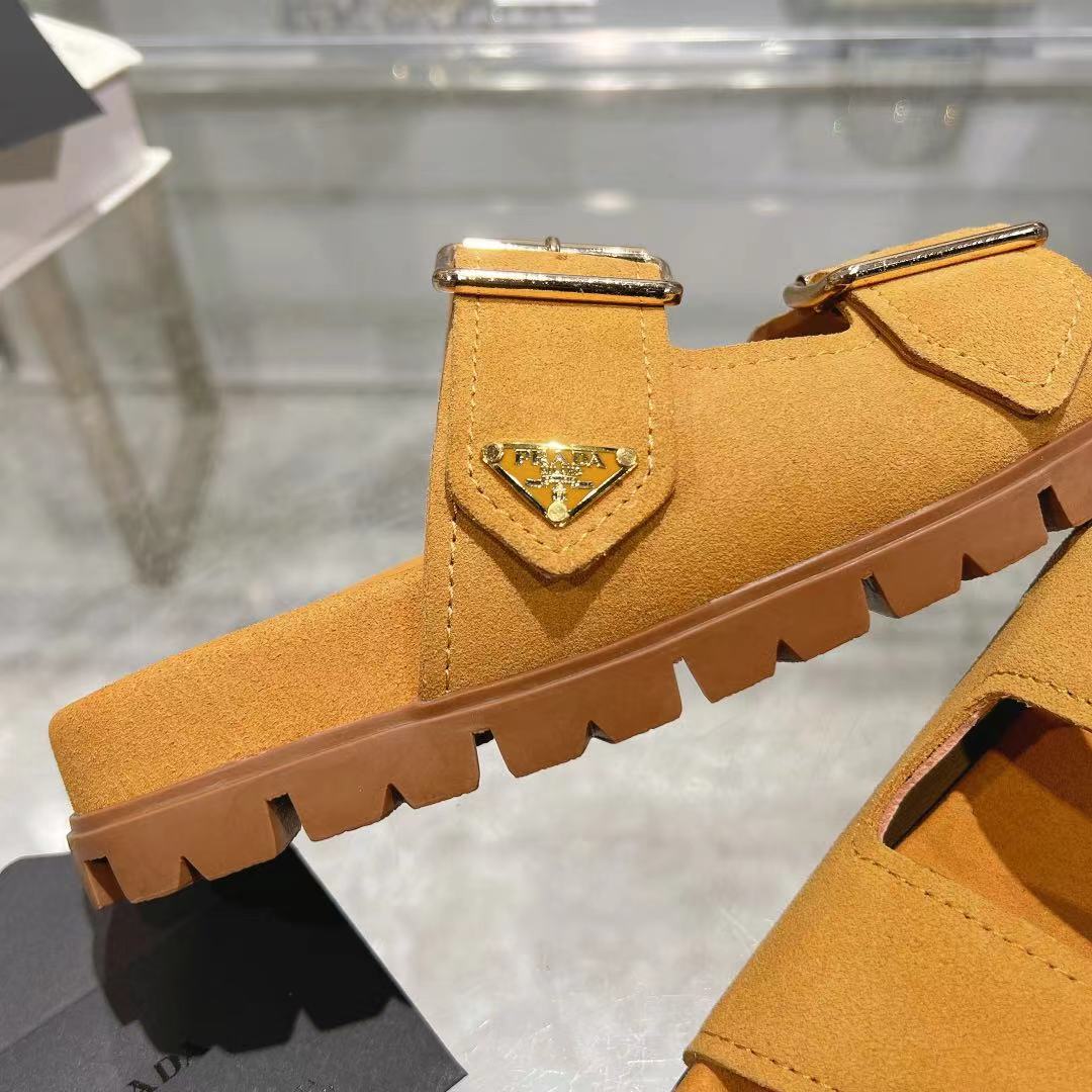 Prada Ecru Suede Strap Slides  - DopestKickz