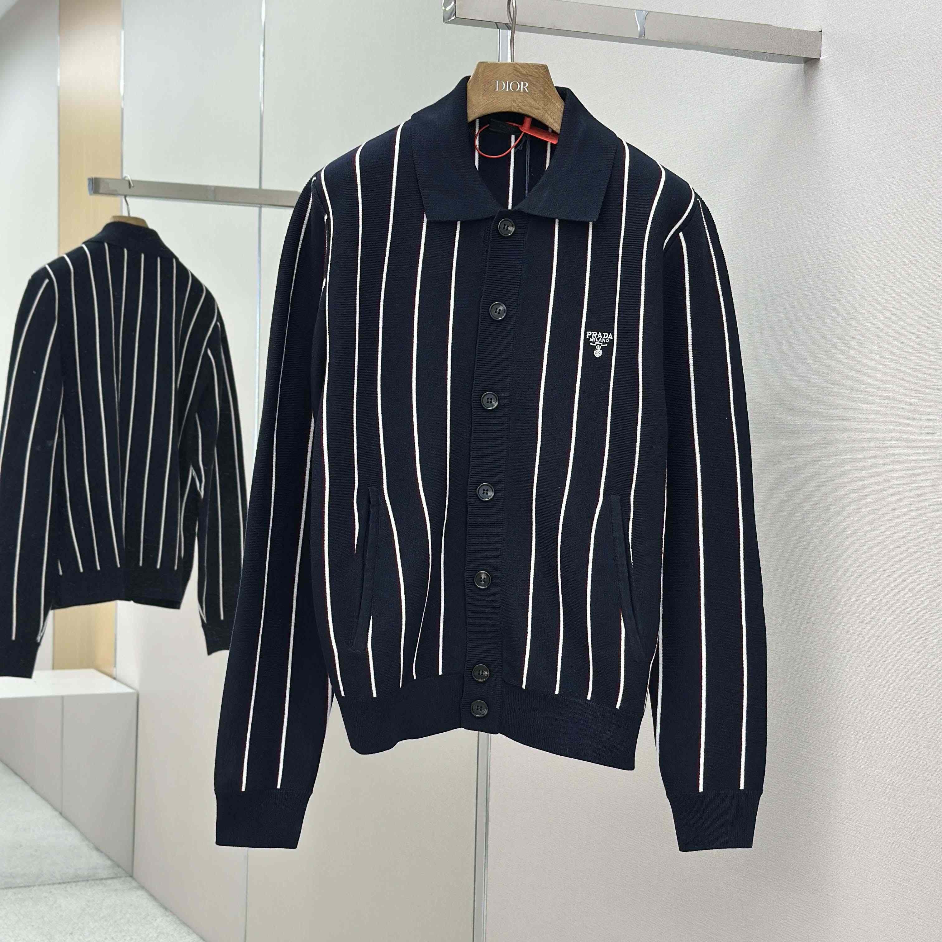 Prada Navy Striped Wool Cardigan - DopestKickz