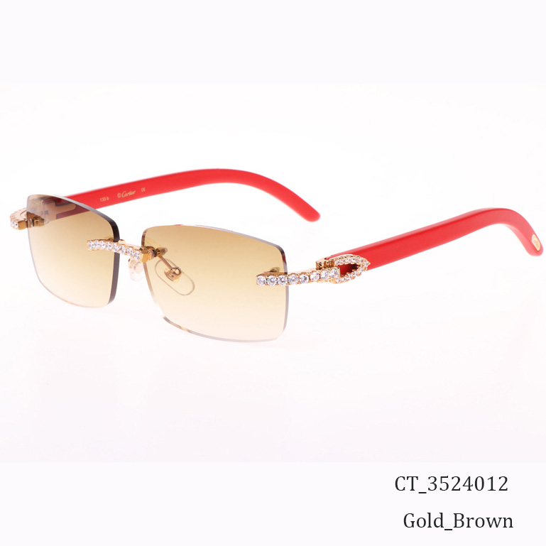Cartier CT 3524012 Big Diamond Red Wood Sunglasses In Gold Brown - DopestKickz