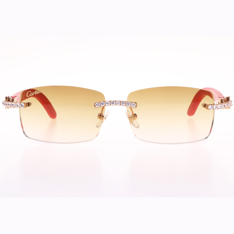Cartier CT 3524012 Big Diamond Red Wood Sunglasses In Gold Brown - DopestKickz