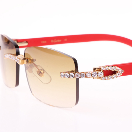 Cartier CT 3524012 Big Diamond Red Wood Sunglasses In Gold Brown - DopestKickz