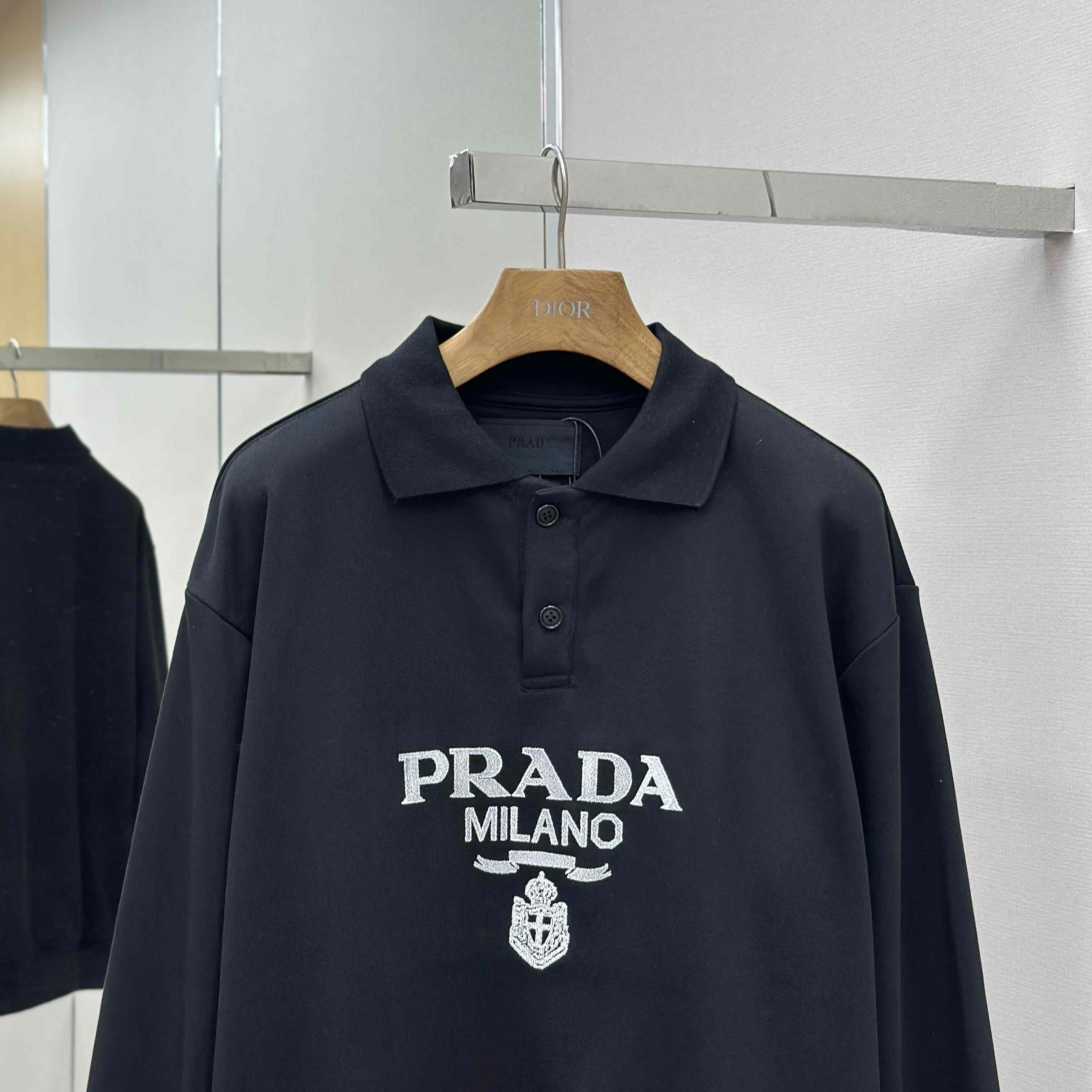 Prada Marble Black Long-sleeved Cotton Polo Shirt - DopestKickz