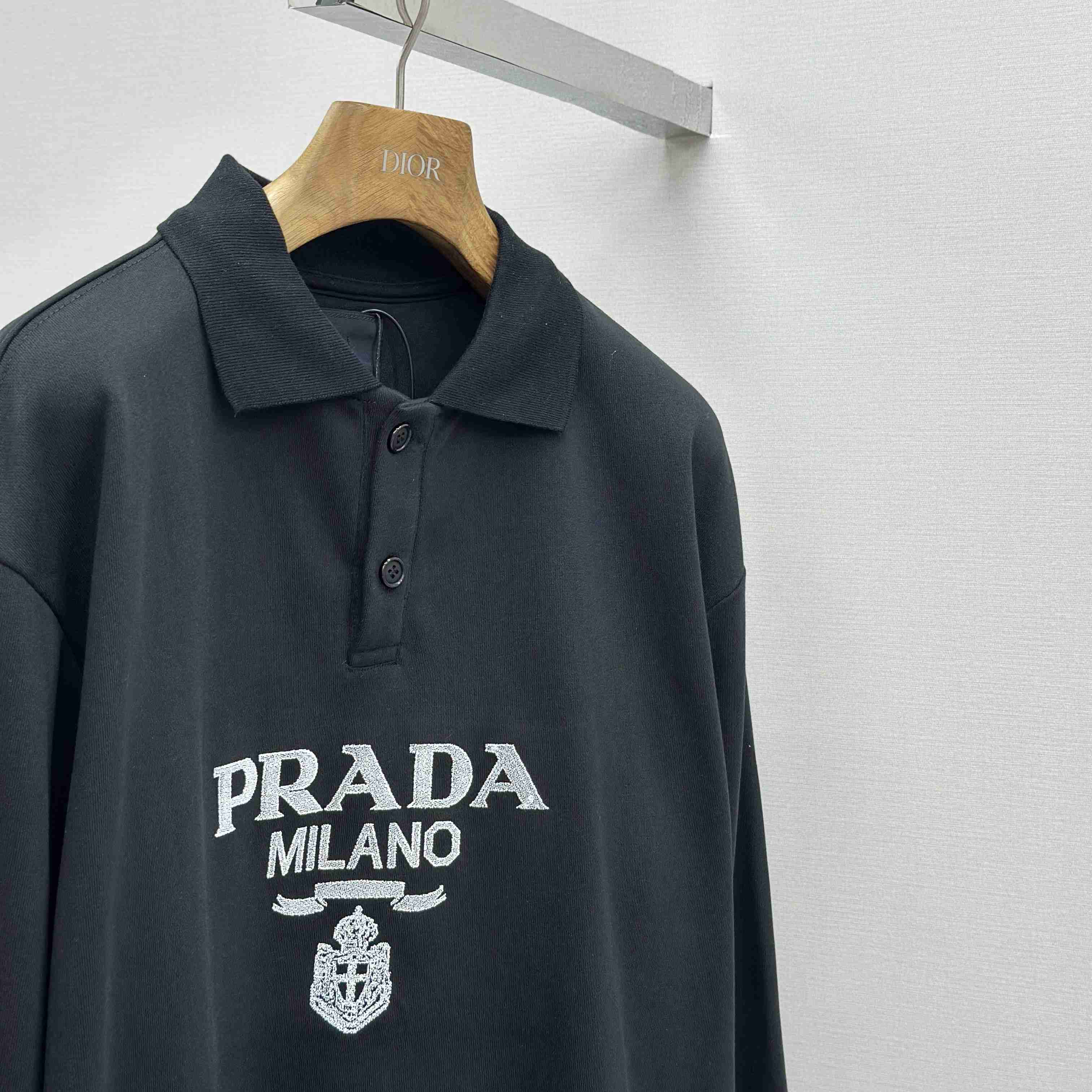 Prada Marble Black Long-sleeved Cotton Polo Shirt - DopestKickz