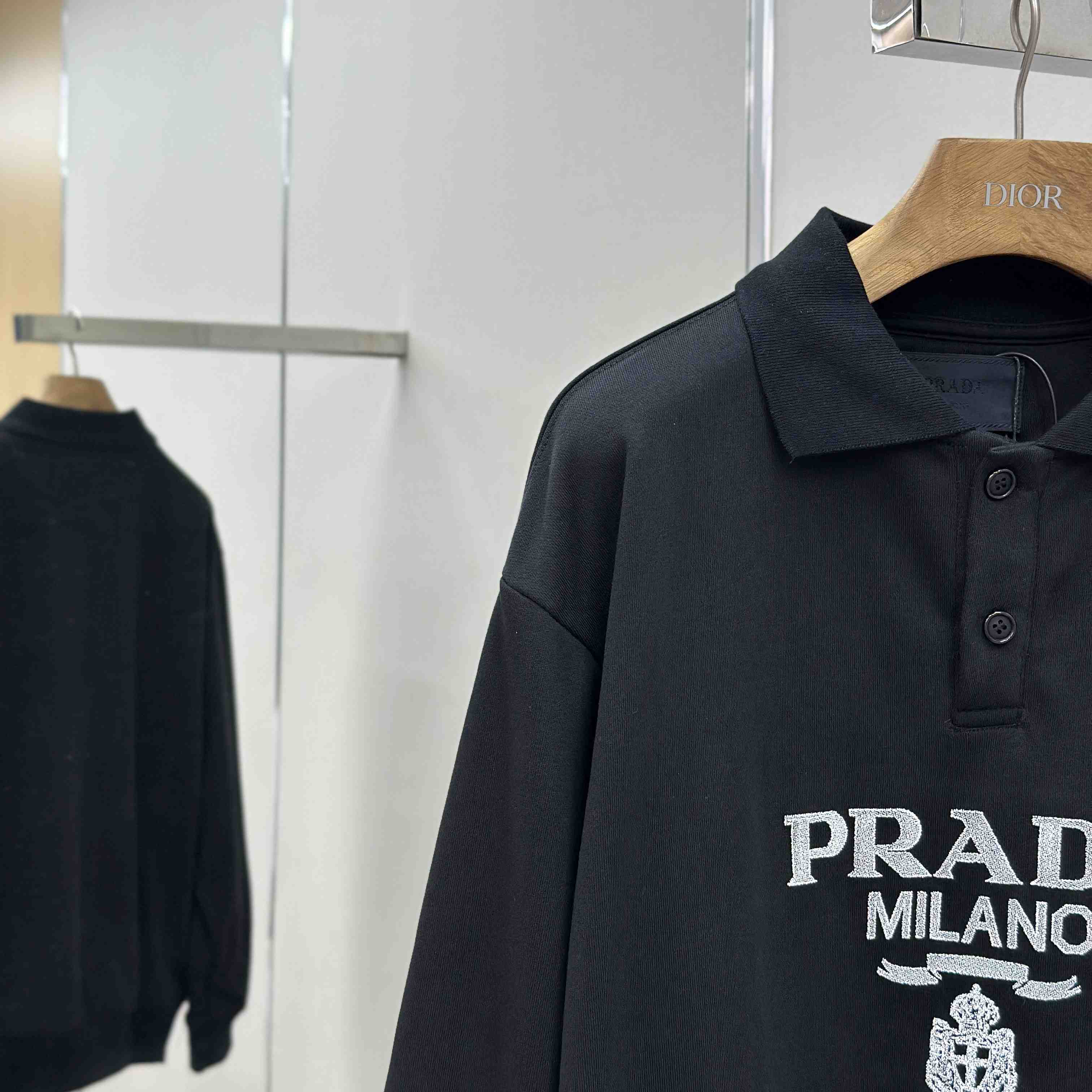Prada Marble Black Long-sleeved Cotton Polo Shirt - DopestKickz