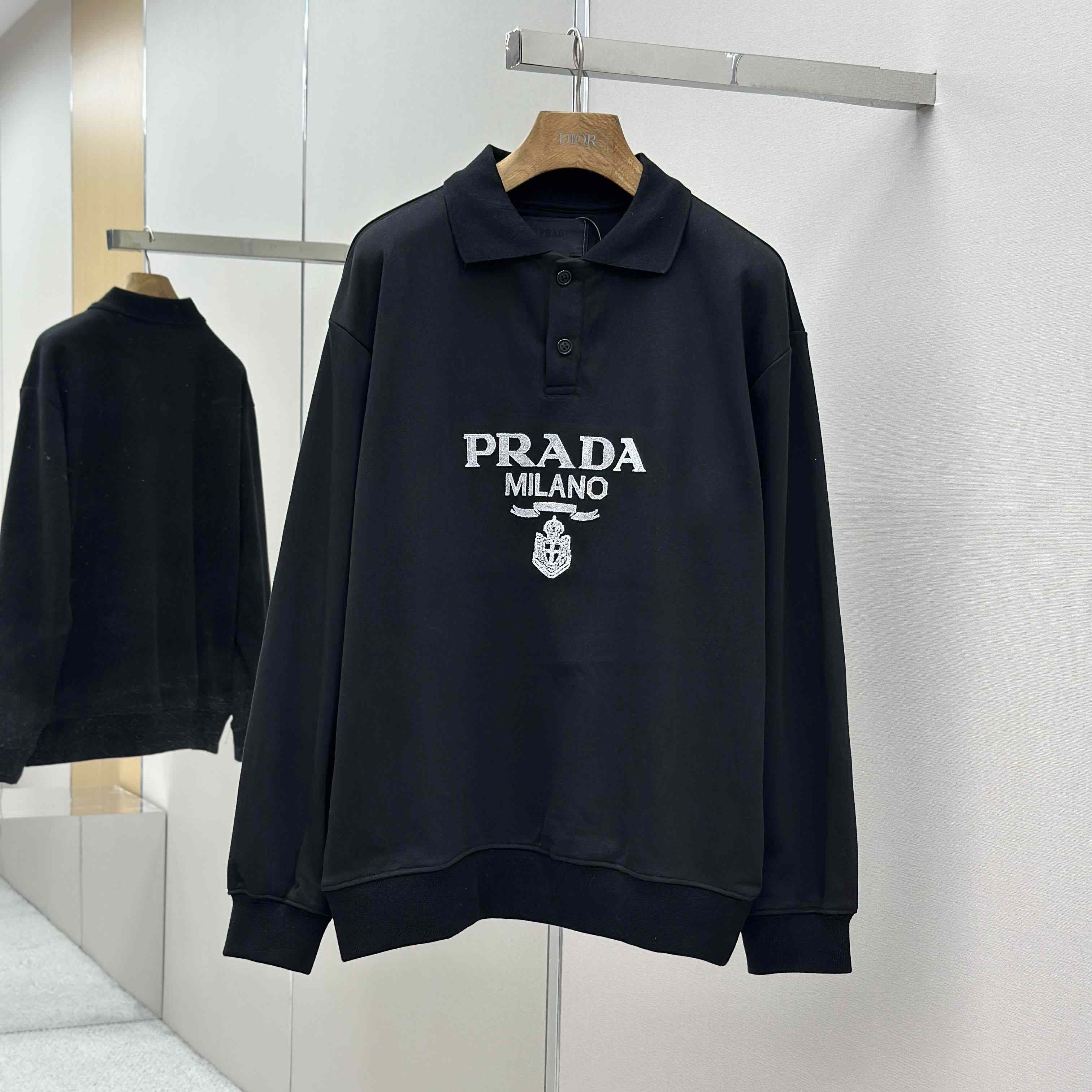 Prada Marble Black Long-sleeved Cotton Polo Shirt - DopestKickz