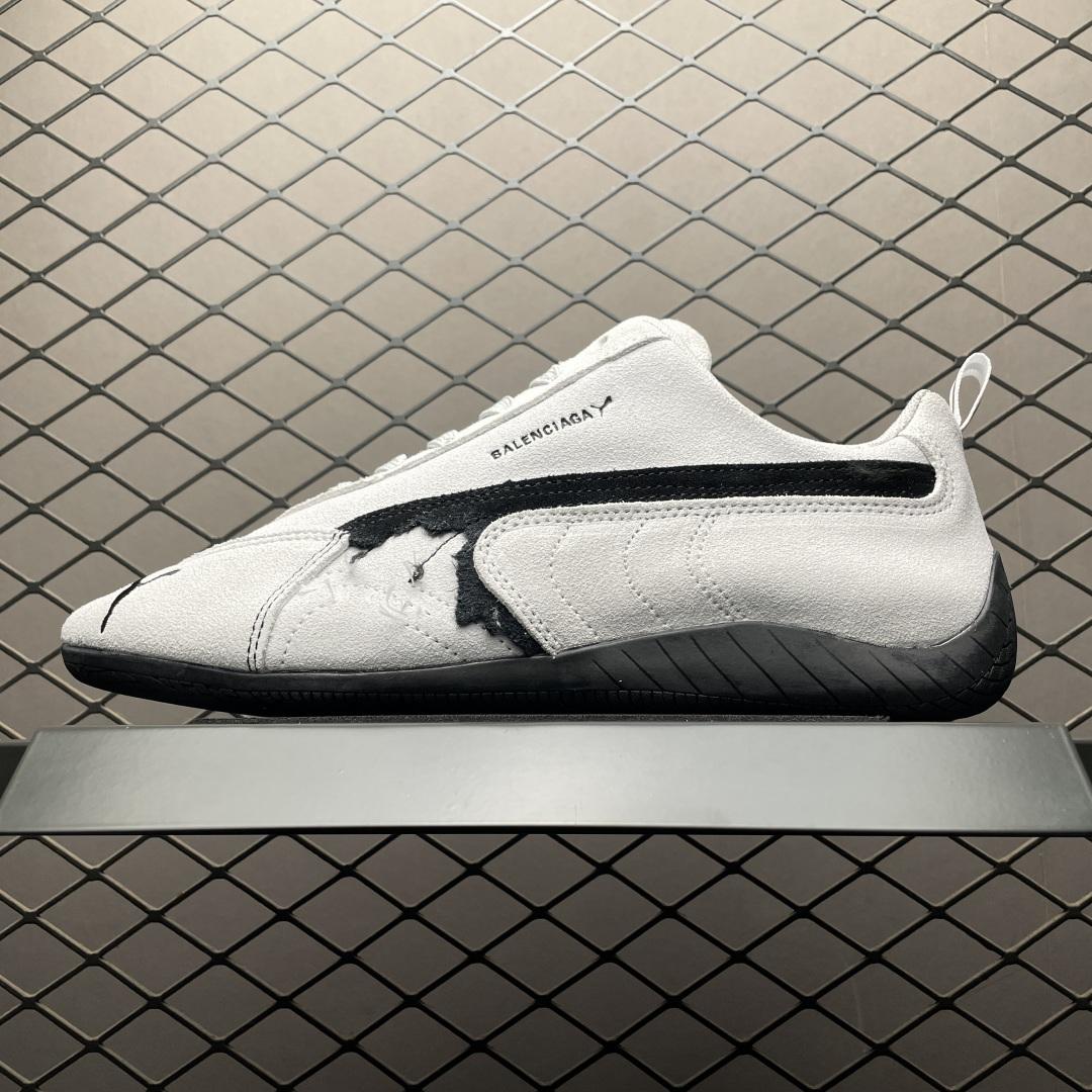 Balenciaga Speedcat Suede Balenciaga In White And Black Distressed Suede Cowskin - DopestKickz