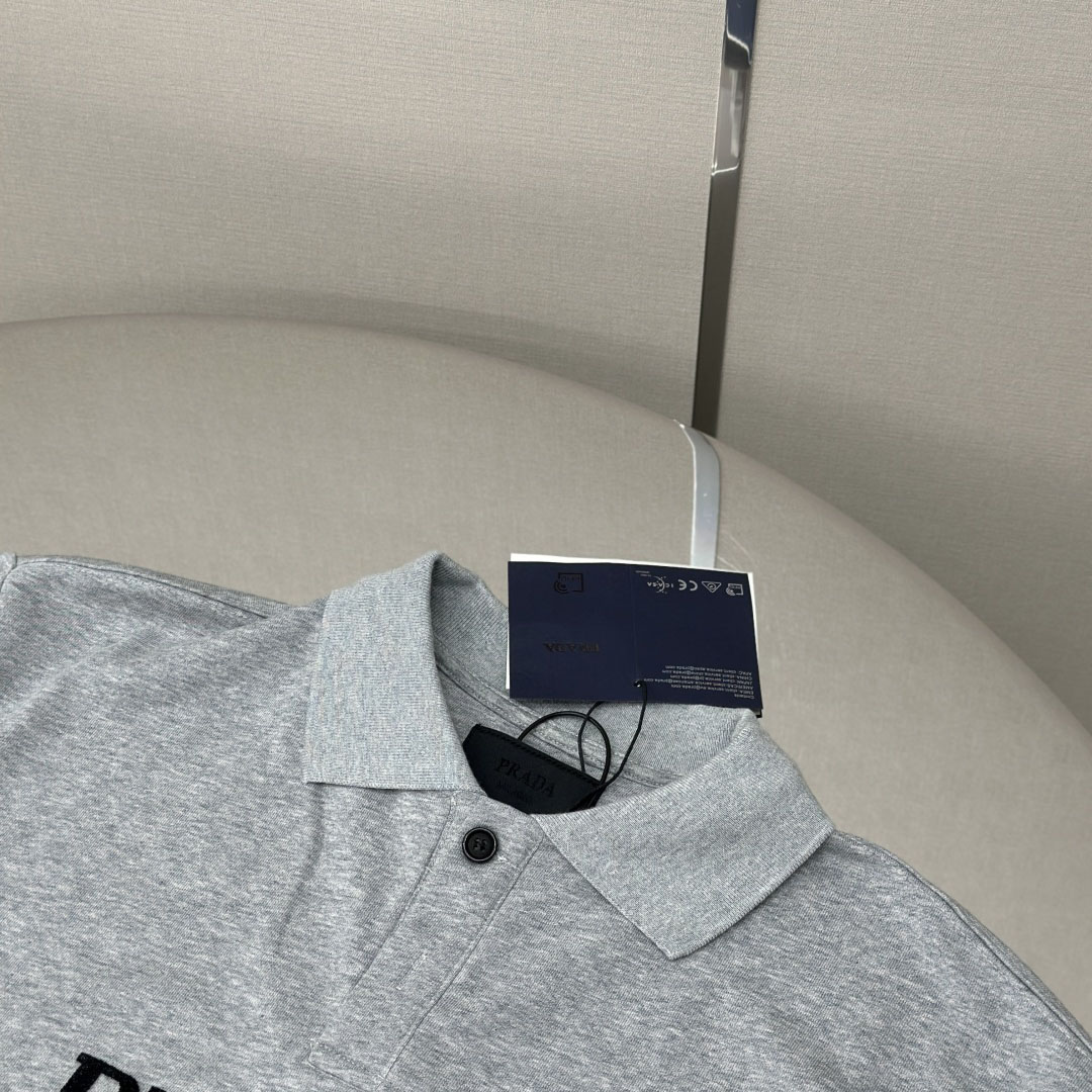 Prada Marble Gray Long-sleeved Cotton Polo Shirt - DopestKickz