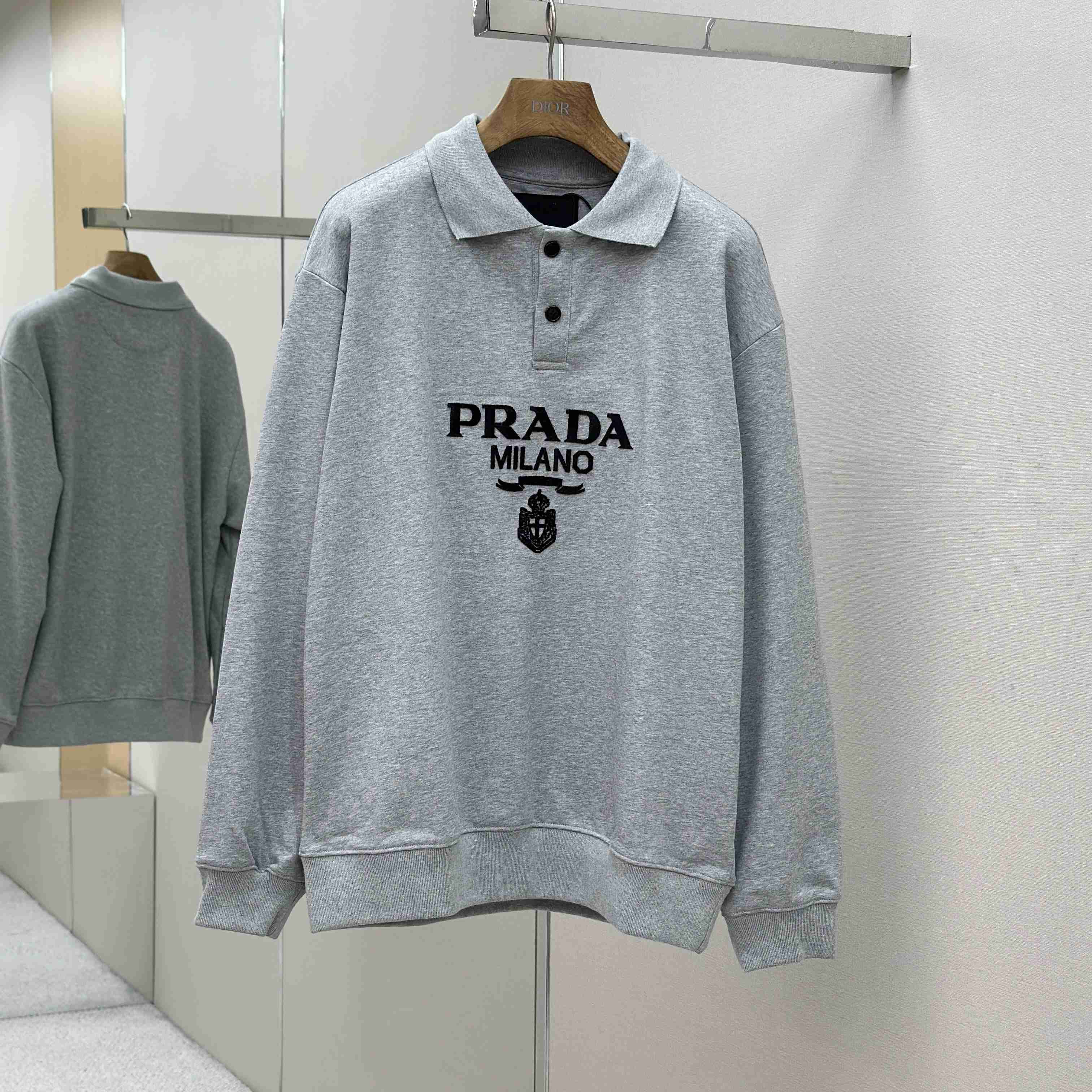Prada Marble Gray Long-sleeved Cotton Polo Shirt - DopestKickz