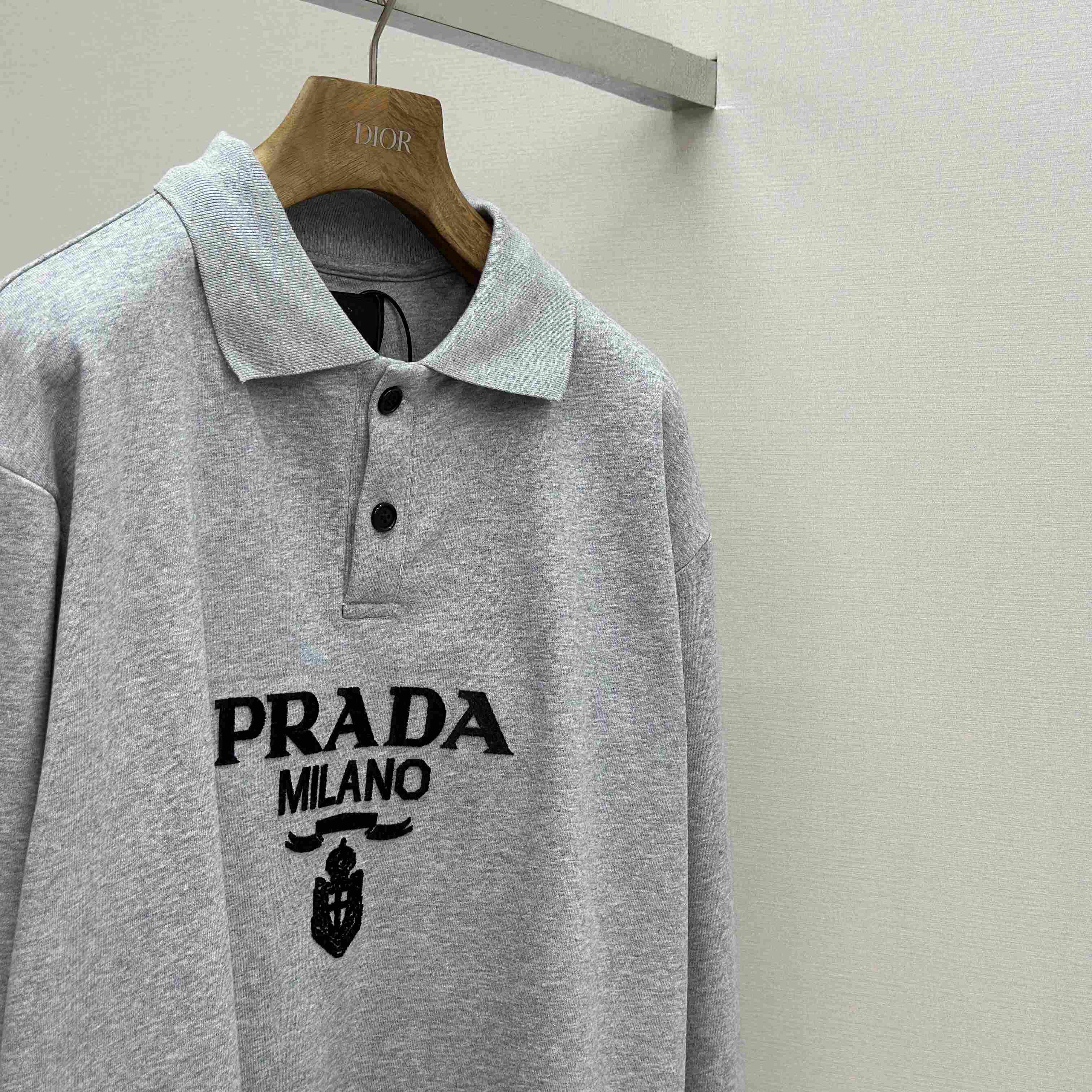 Prada Marble Gray Long-sleeved Cotton Polo Shirt - DopestKickz