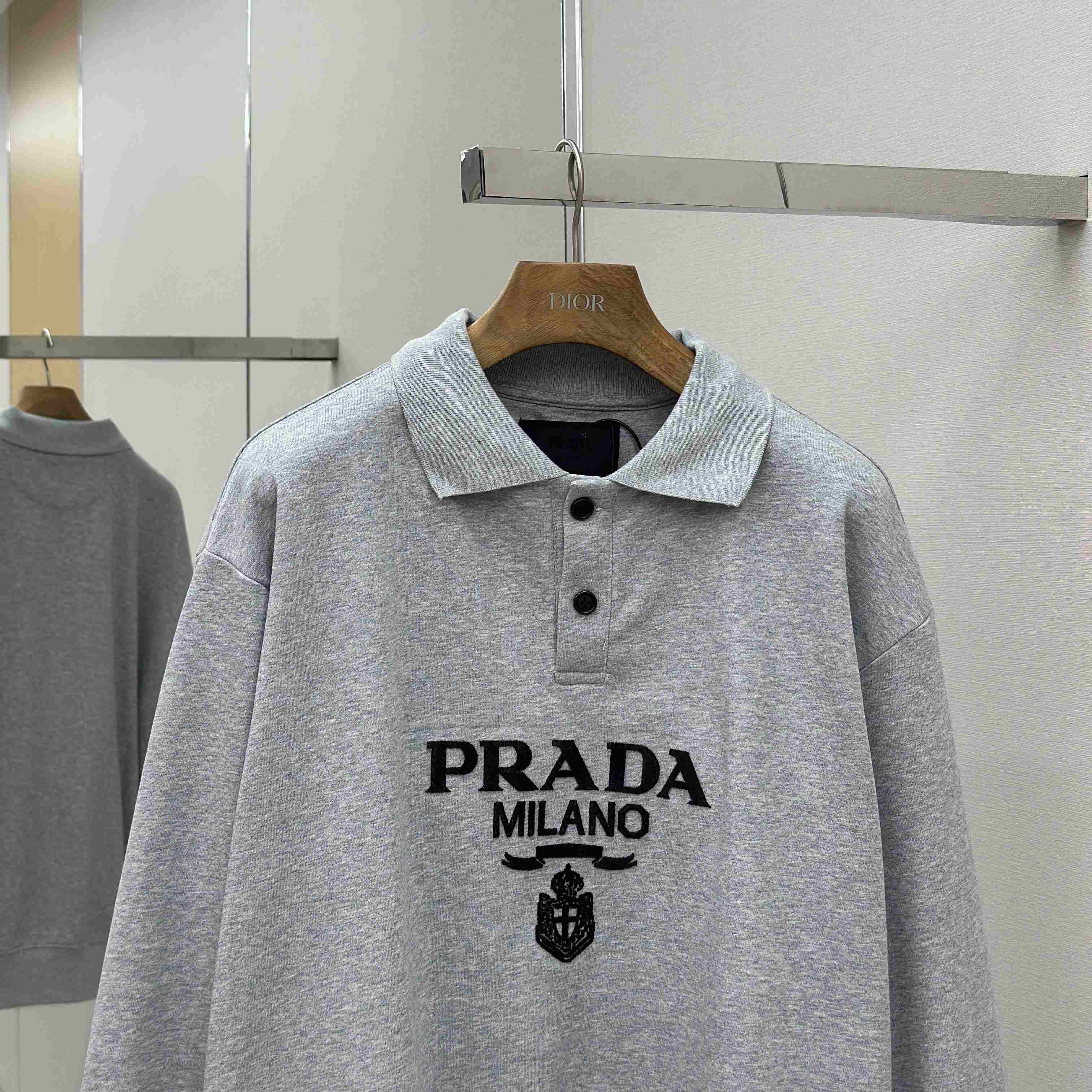 Prada Marble Gray Long-sleeved Cotton Polo Shirt - DopestKickz