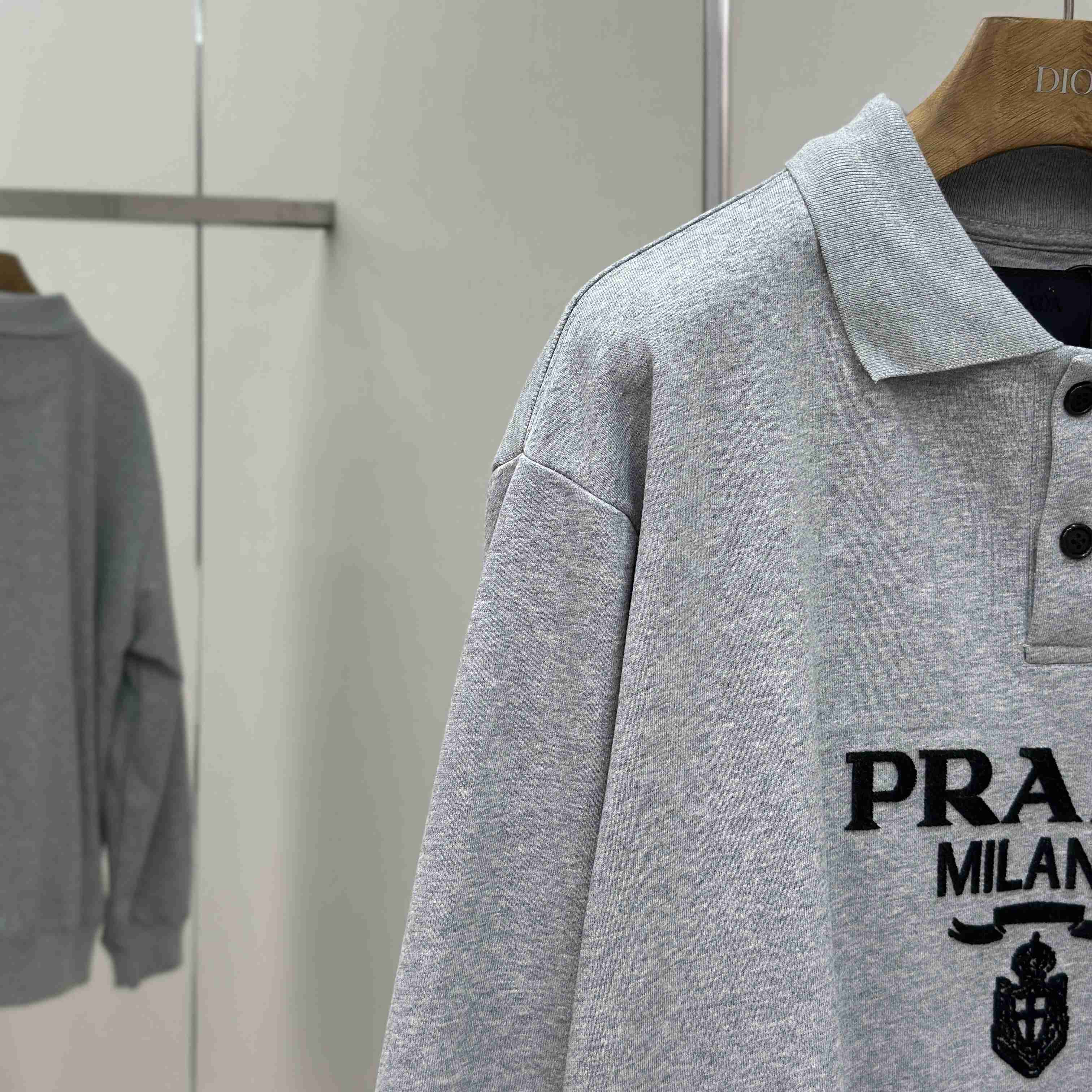 Prada Marble Gray Long-sleeved Cotton Polo Shirt - DopestKickz