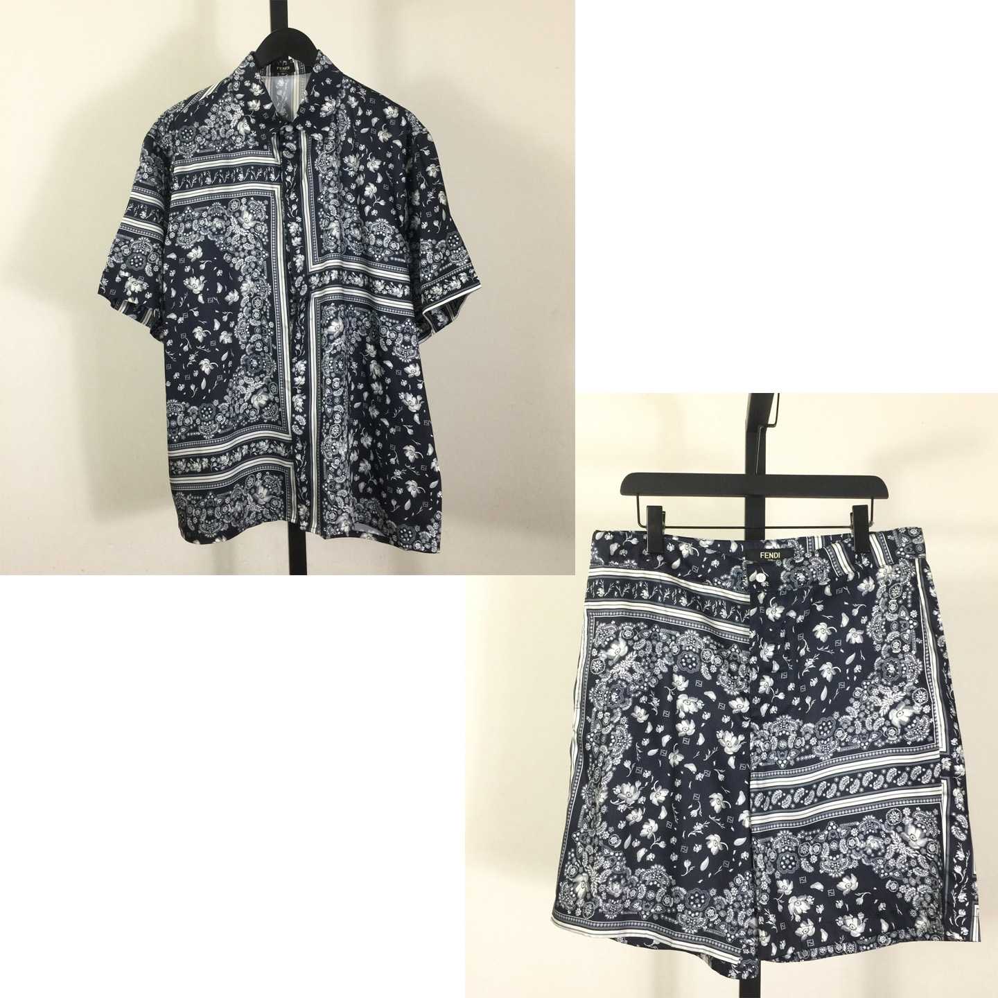 Fendi White And Blue Silk Shirt & Shorts - DopestKickz