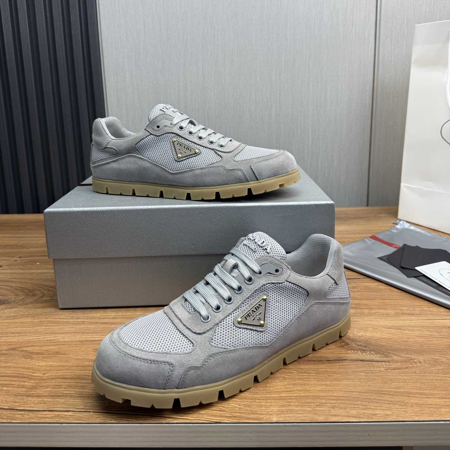 Prada Trail Mesh Fabric And Suede Sneakers - DopestKickz