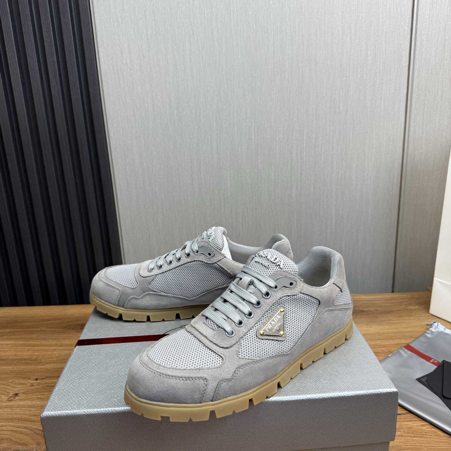 Prada Trail Mesh Fabric And Suede Sneakers - DopestKickz