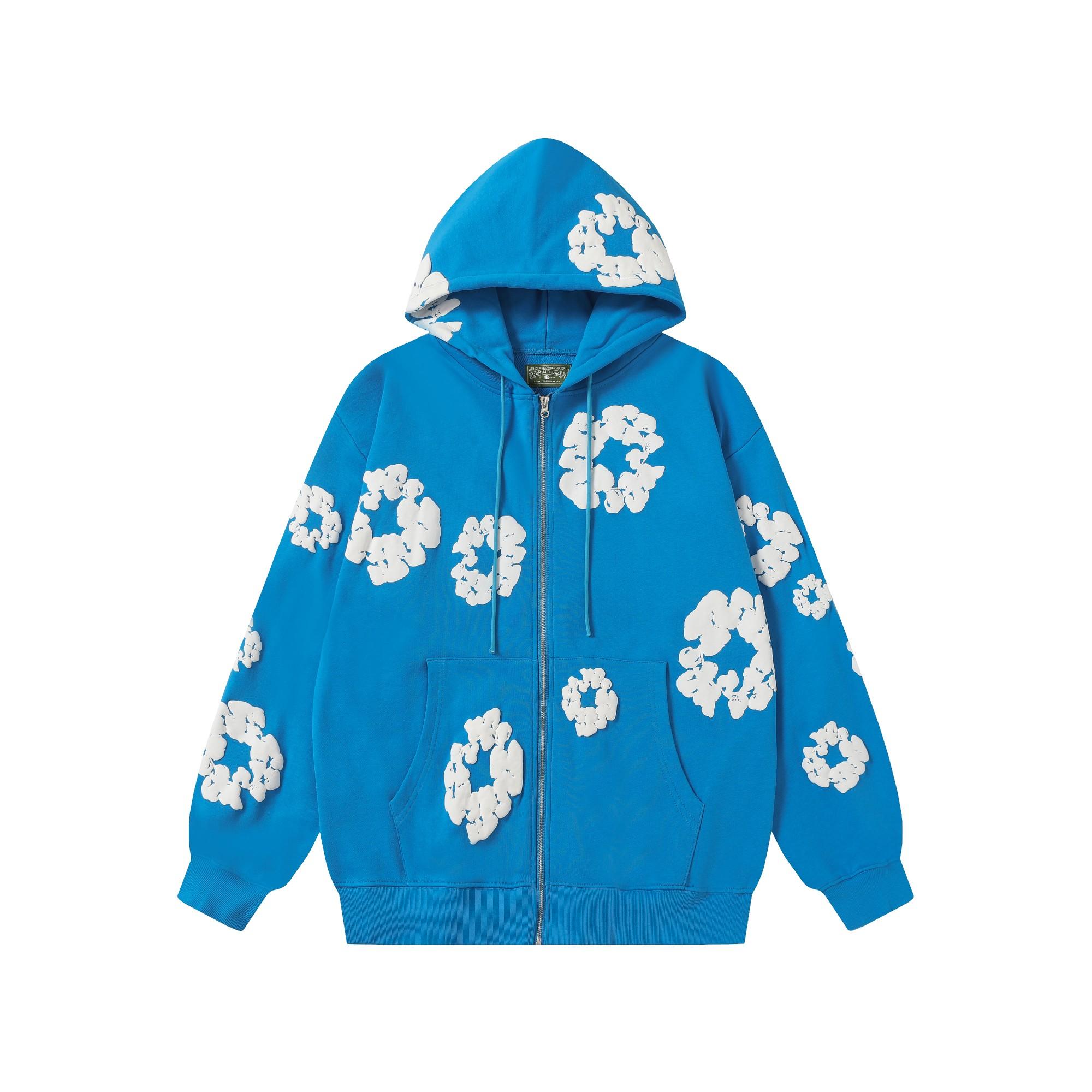 Denim Tears Cotton Wreath Zip Hoodie Blue - DopestKickz