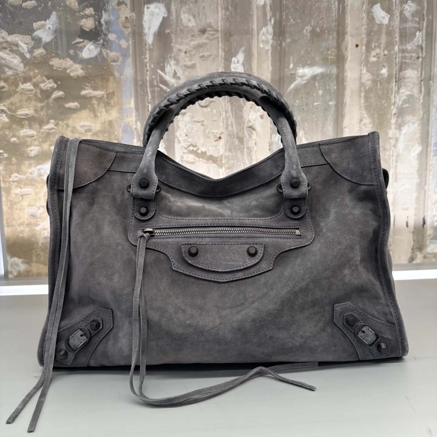 Balenciaga Le City Bag Medium in storm grey suede calfskin, brass hardware - DopestKickz