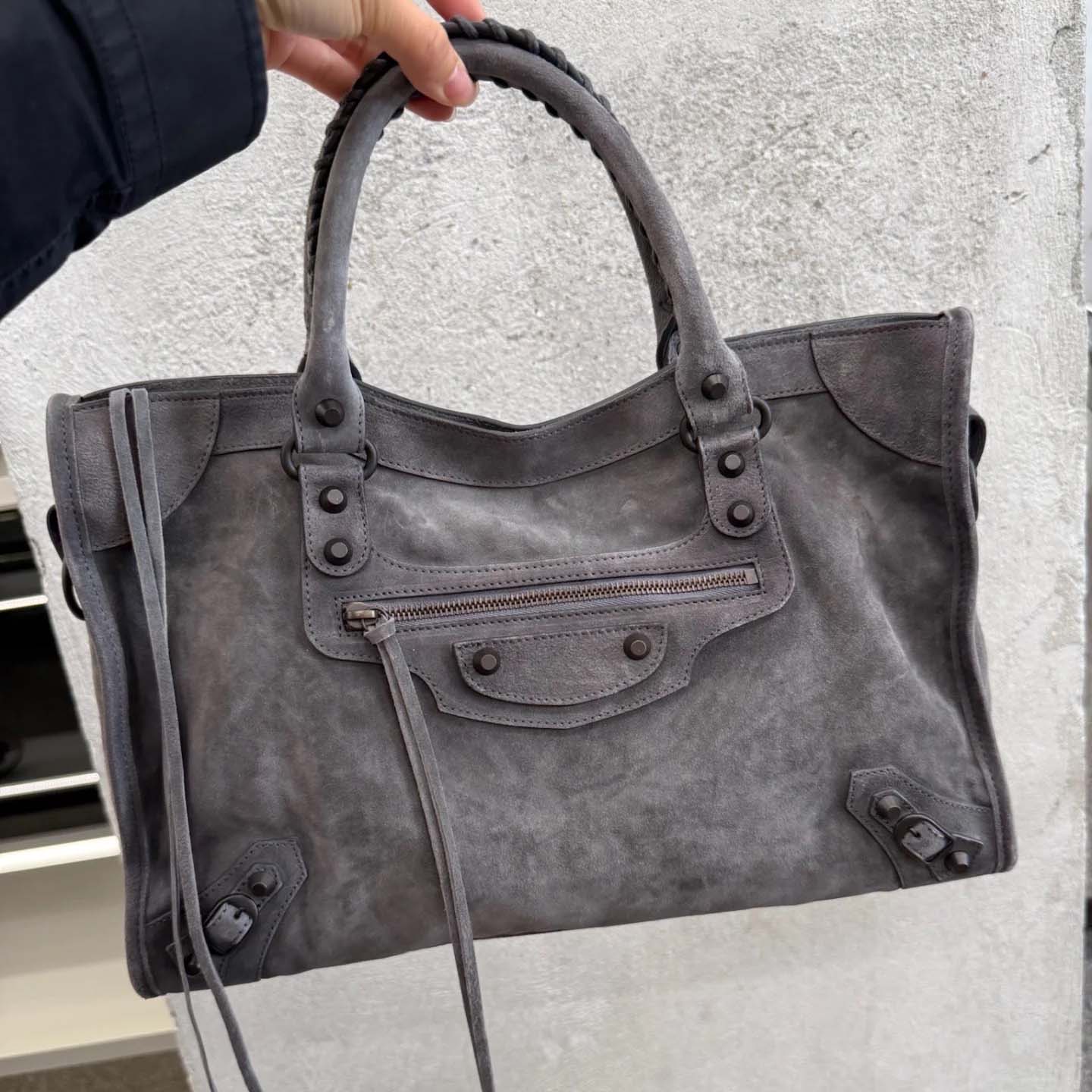 Balenciaga Le City Bag Medium in storm grey suede calfskin, brass hardware - DopestKickz