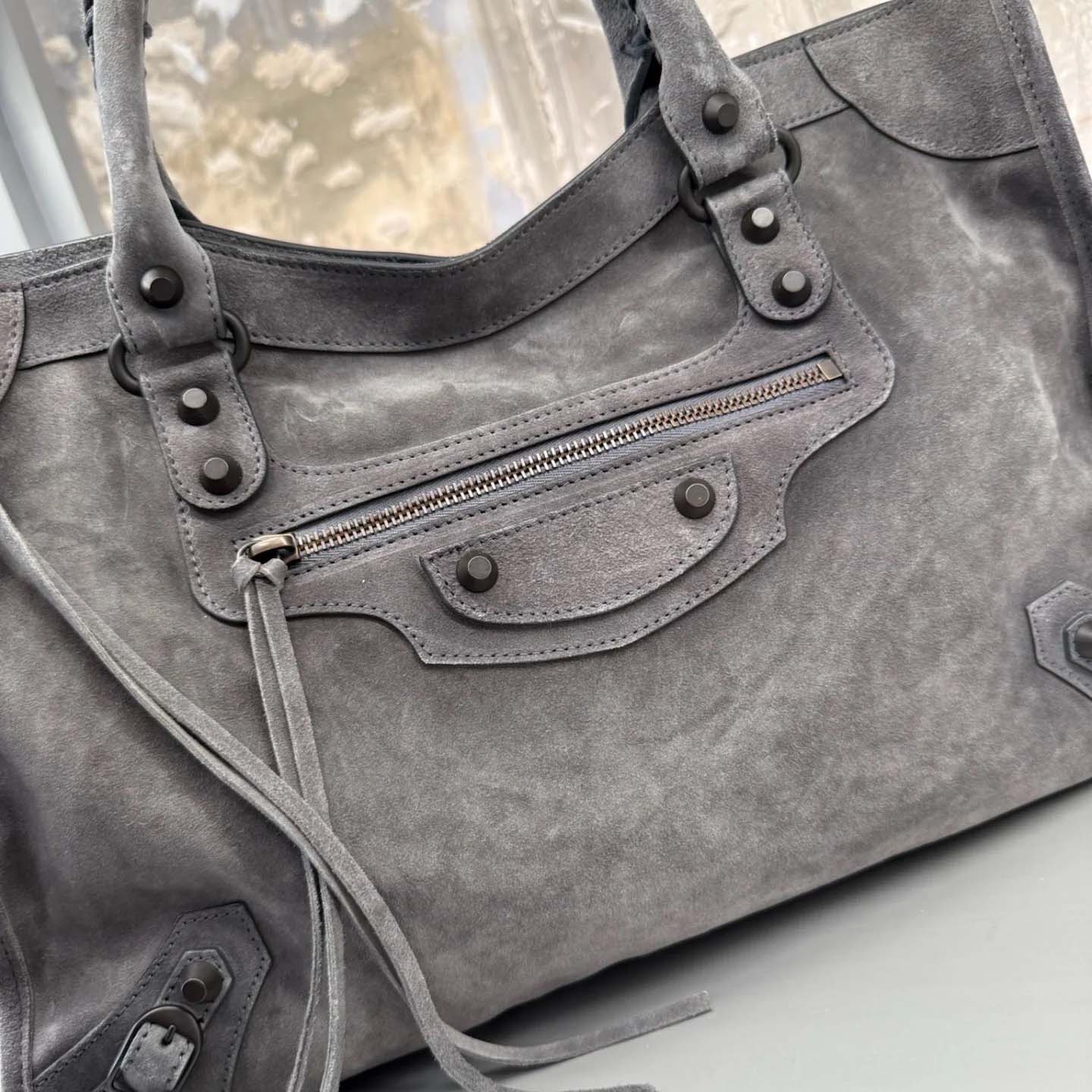 Balenciaga Le City Bag Medium in storm grey suede calfskin, brass hardware - DopestKickz