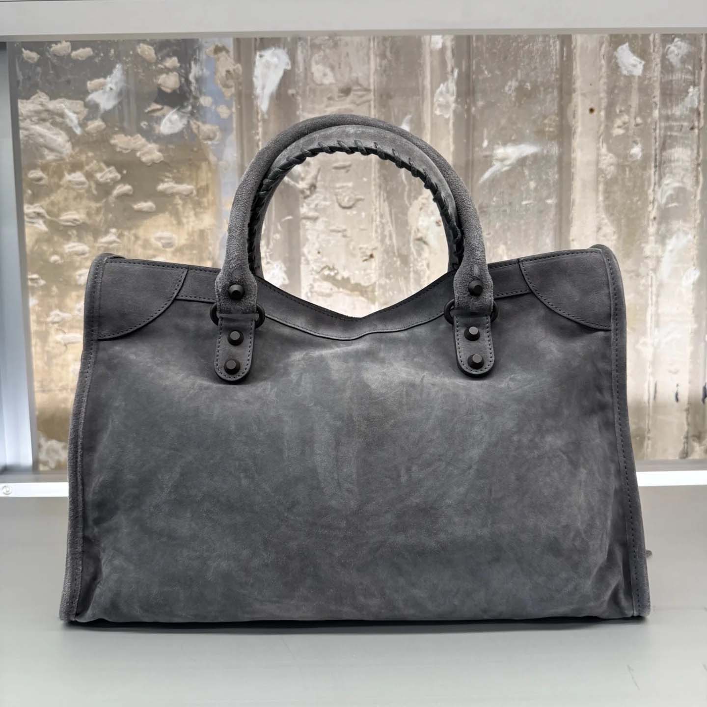 Balenciaga Le City Bag Medium in storm grey suede calfskin, brass hardware - DopestKickz