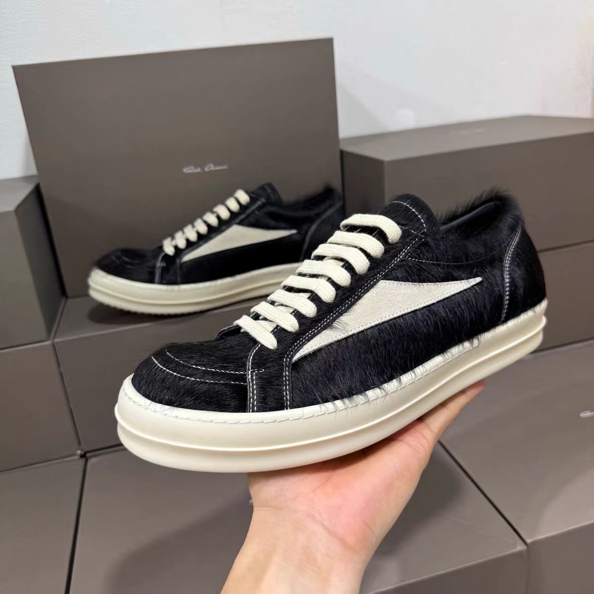 Rick Owens Black Pony Hair Low Sneakers - DopestKickz