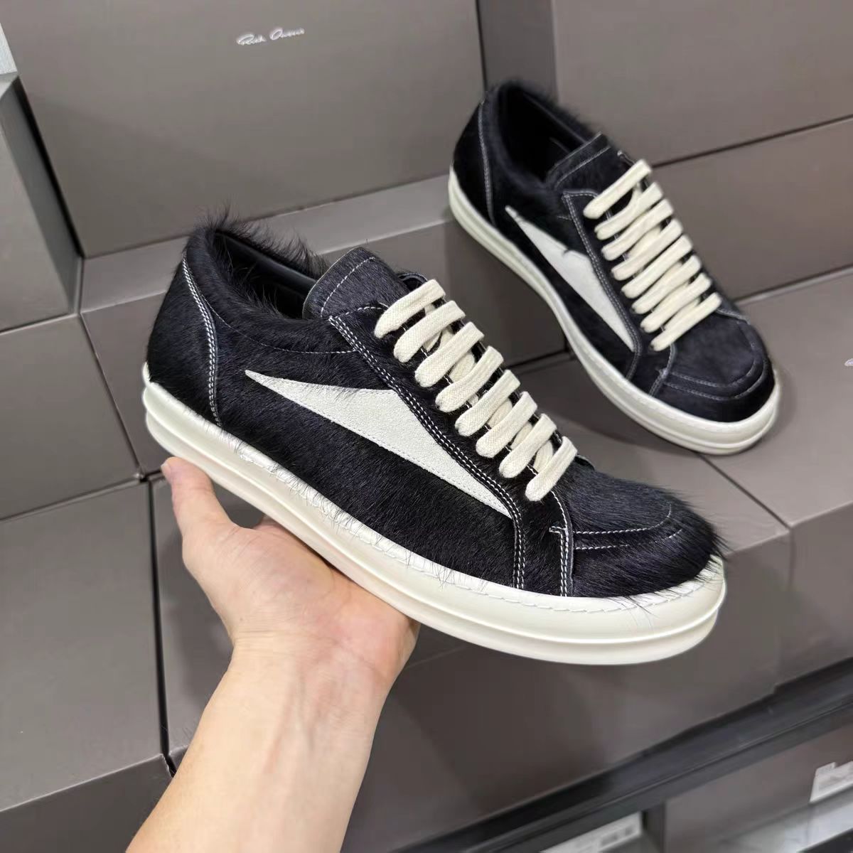 Rick Owens Black Pony Hair Low Sneakers - DopestKickz