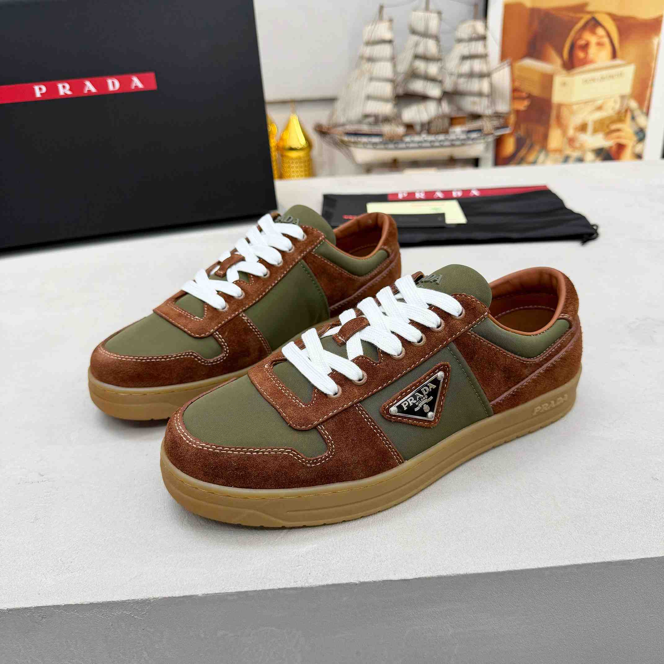 Prada Downtown Re-Nylon And Suede Sneakers - DopestKickz