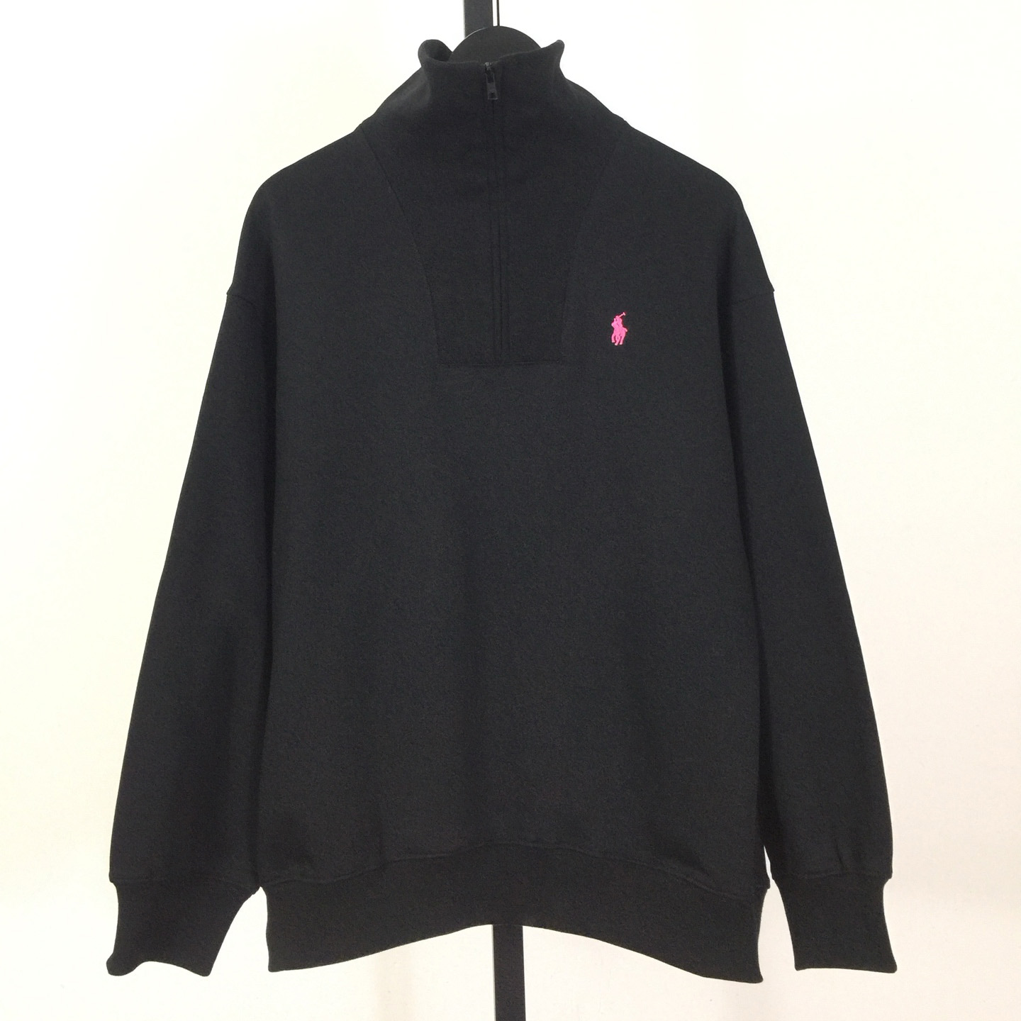 Polo Ralph Lauren black cotton-blend fleece quarter-zip sweater with a pink embroidered Pony logo - DopestKickz