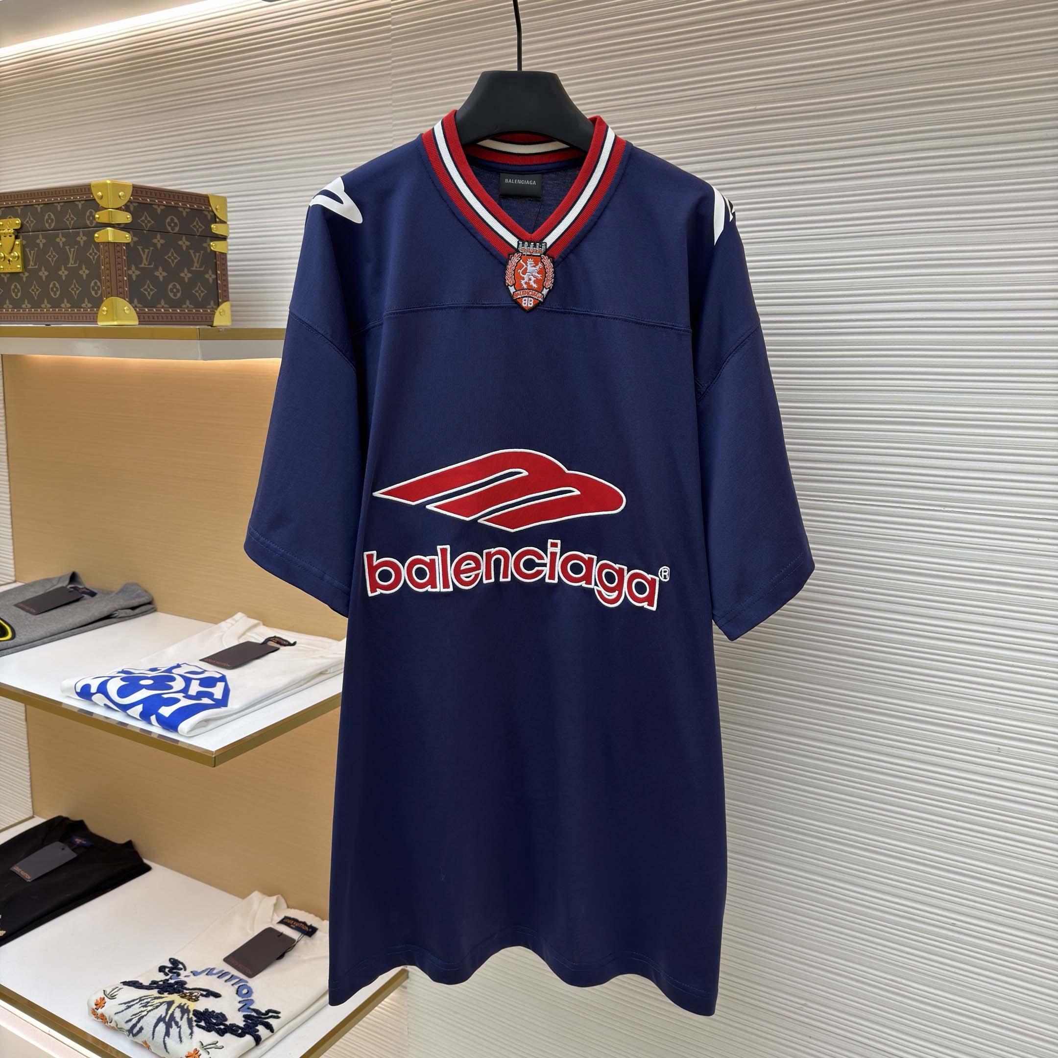 Balenciaga B Football V-Neck T-Shirt Oversized In Dark Navy - DopestKickz