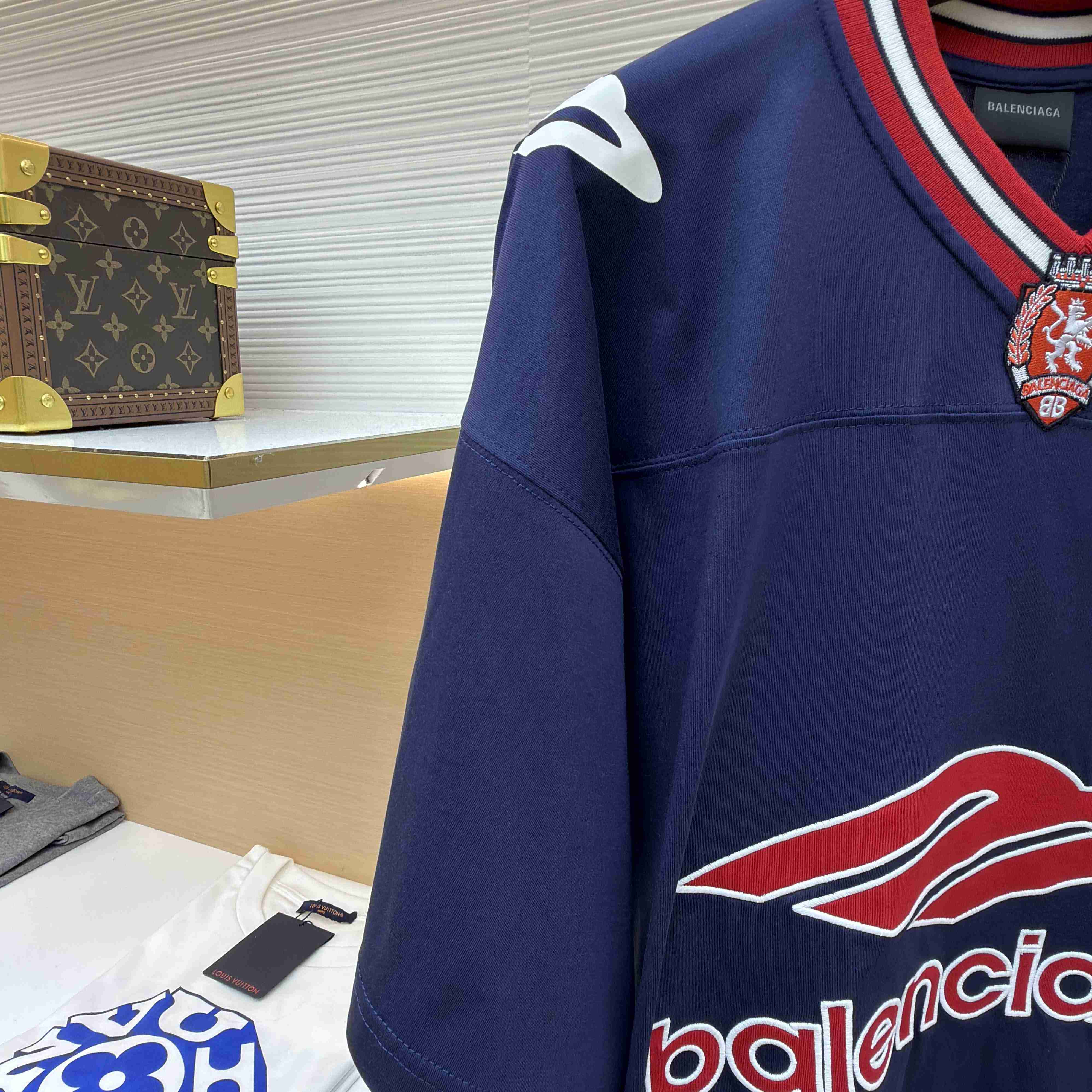 Balenciaga B Football V-Neck T-Shirt Oversized In Dark Navy - DopestKickz