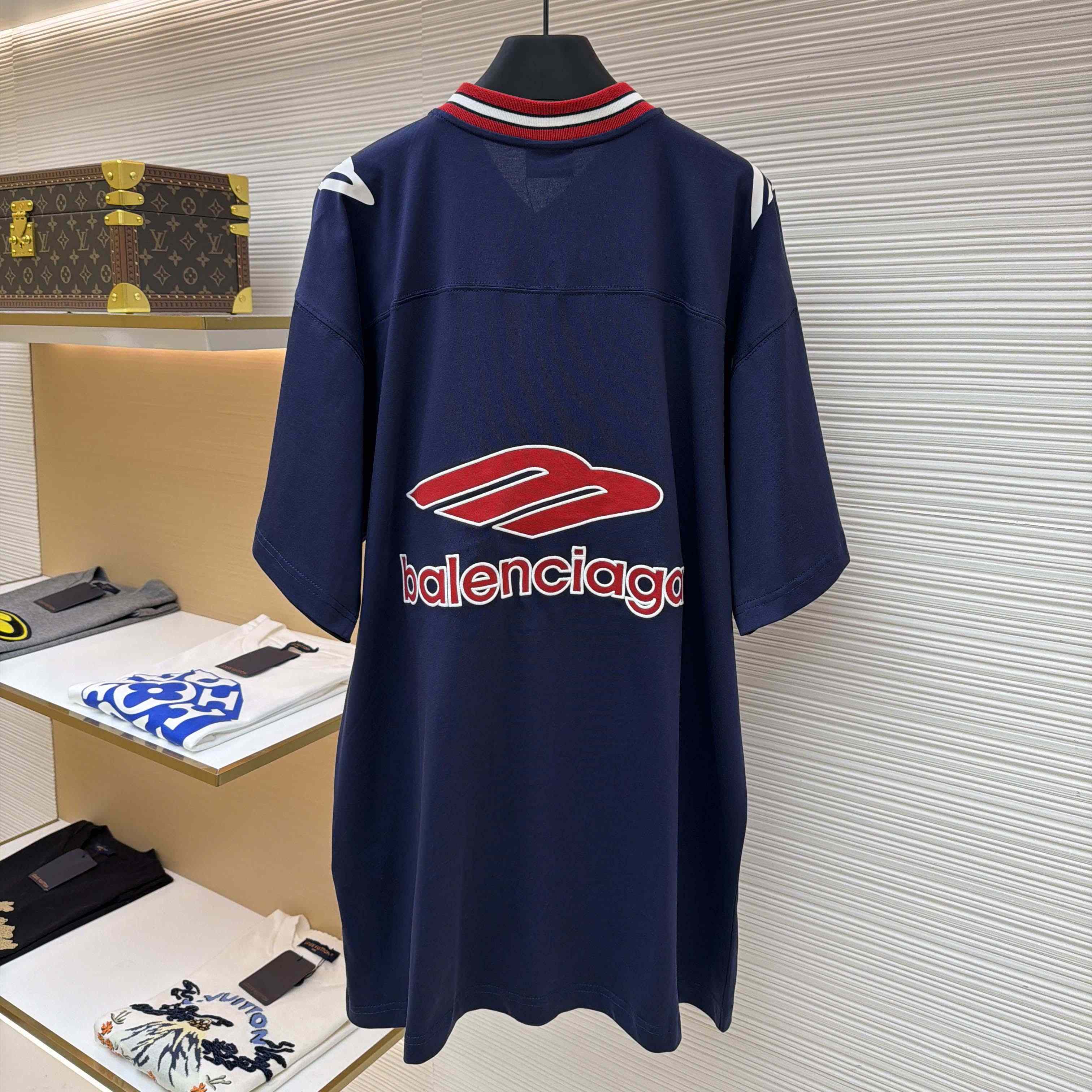 Balenciaga B Football V-Neck T-Shirt Oversized In Dark Navy - DopestKickz