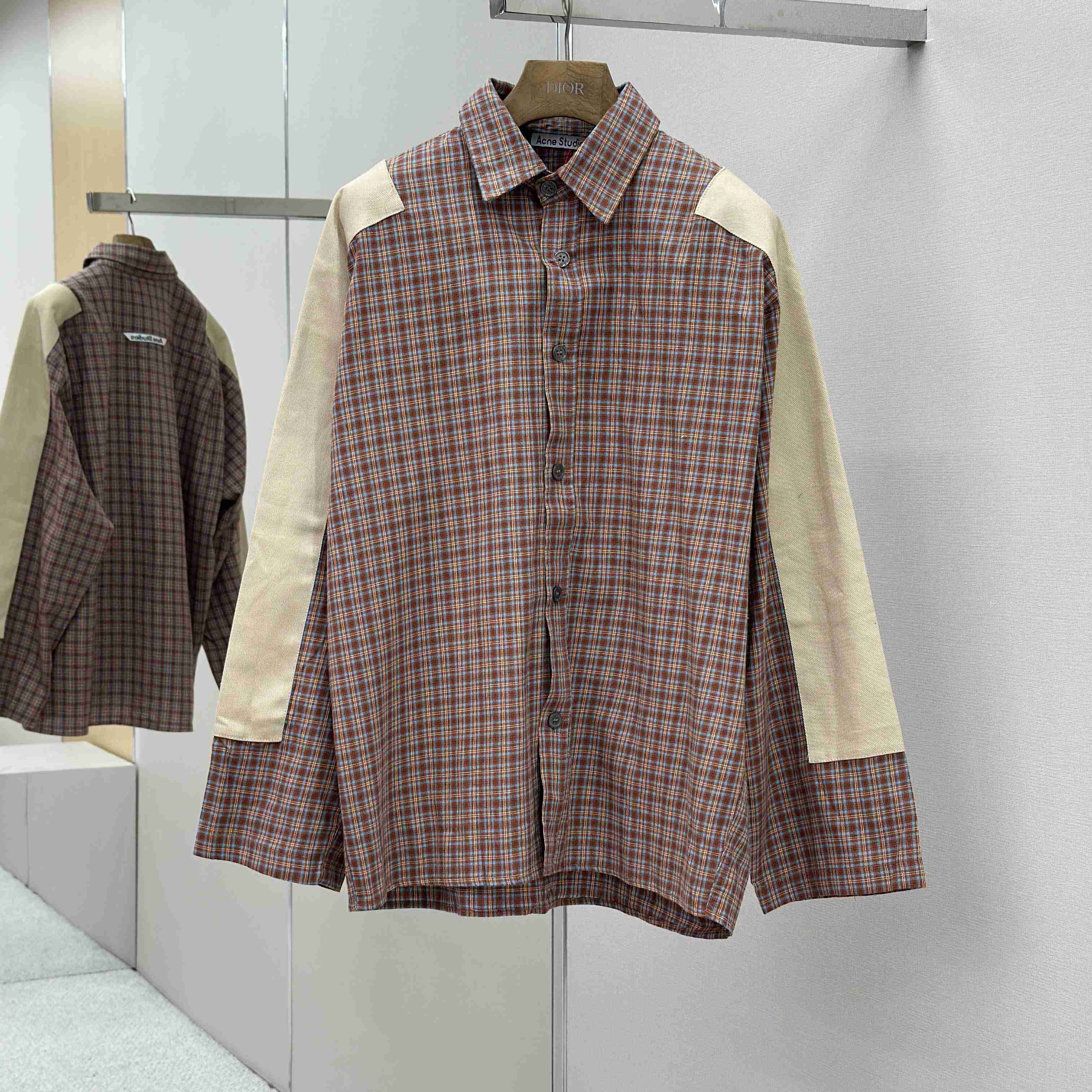 Acne Studios Brown Relaxed Checked Flannel Shirt with Striped Arm Panel - DopestKickz
