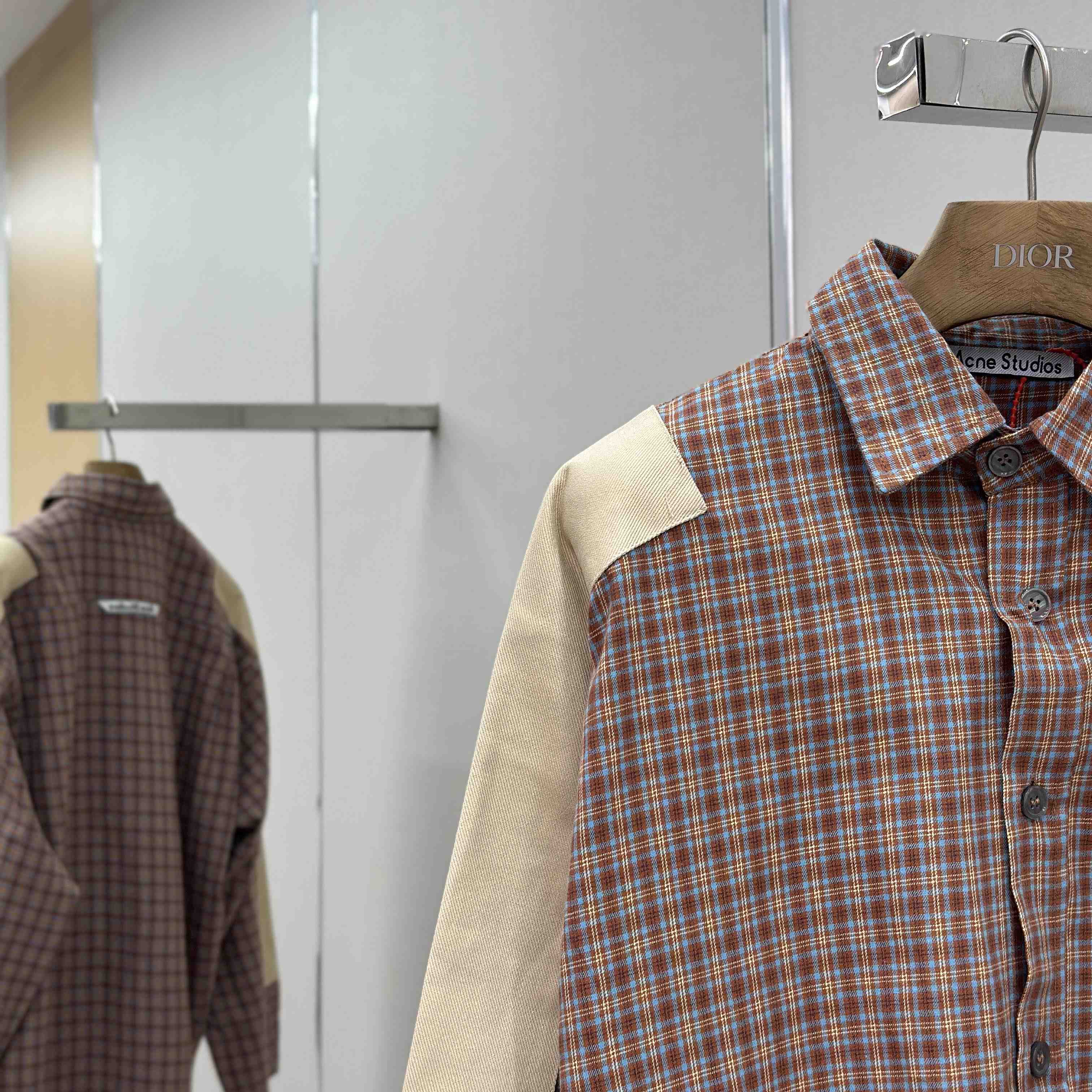 Acne Studios Brown Relaxed Checked Flannel Shirt with Striped Arm Panel - DopestKickz