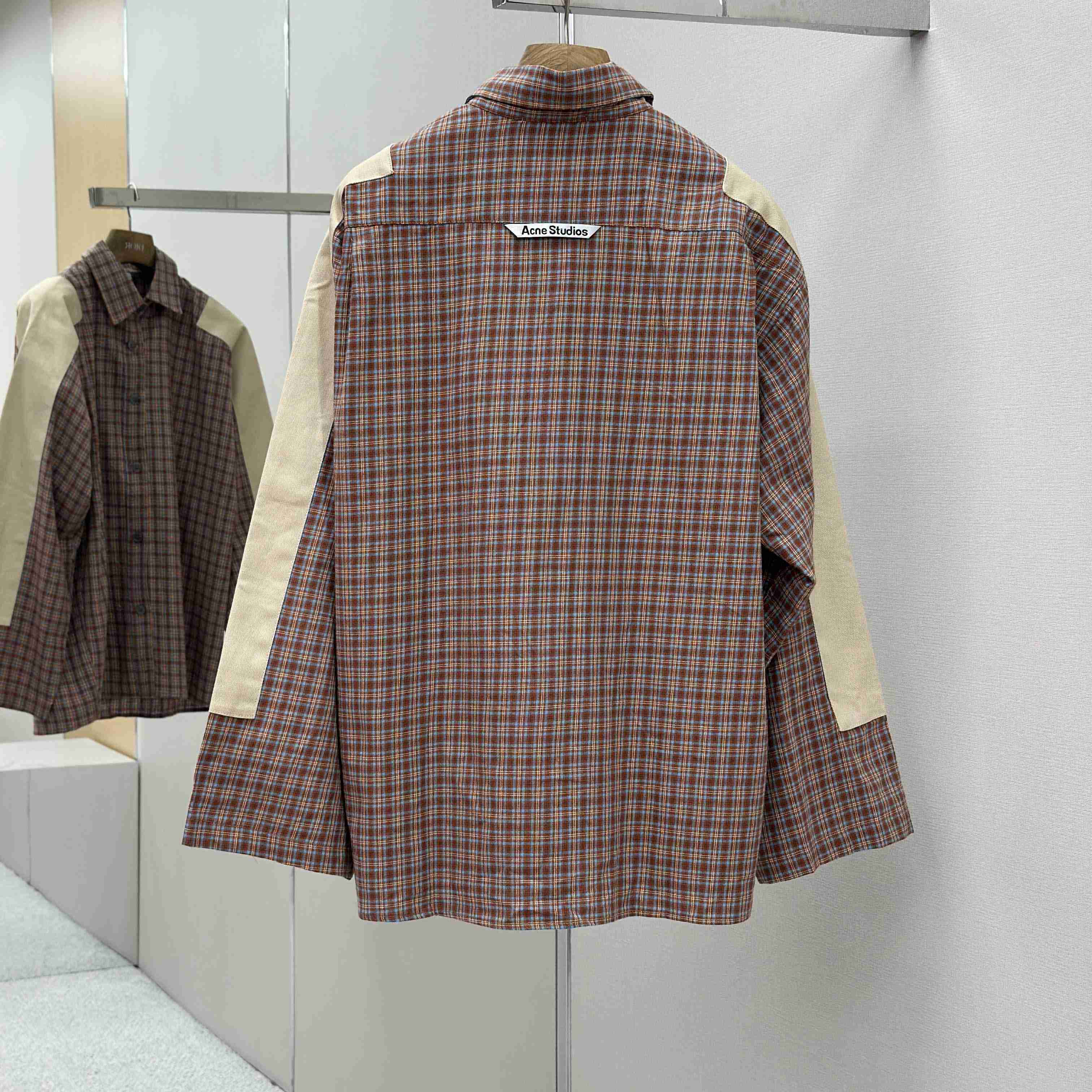 Acne Studios Brown Relaxed Checked Flannel Shirt with Striped Arm Panel - DopestKickz