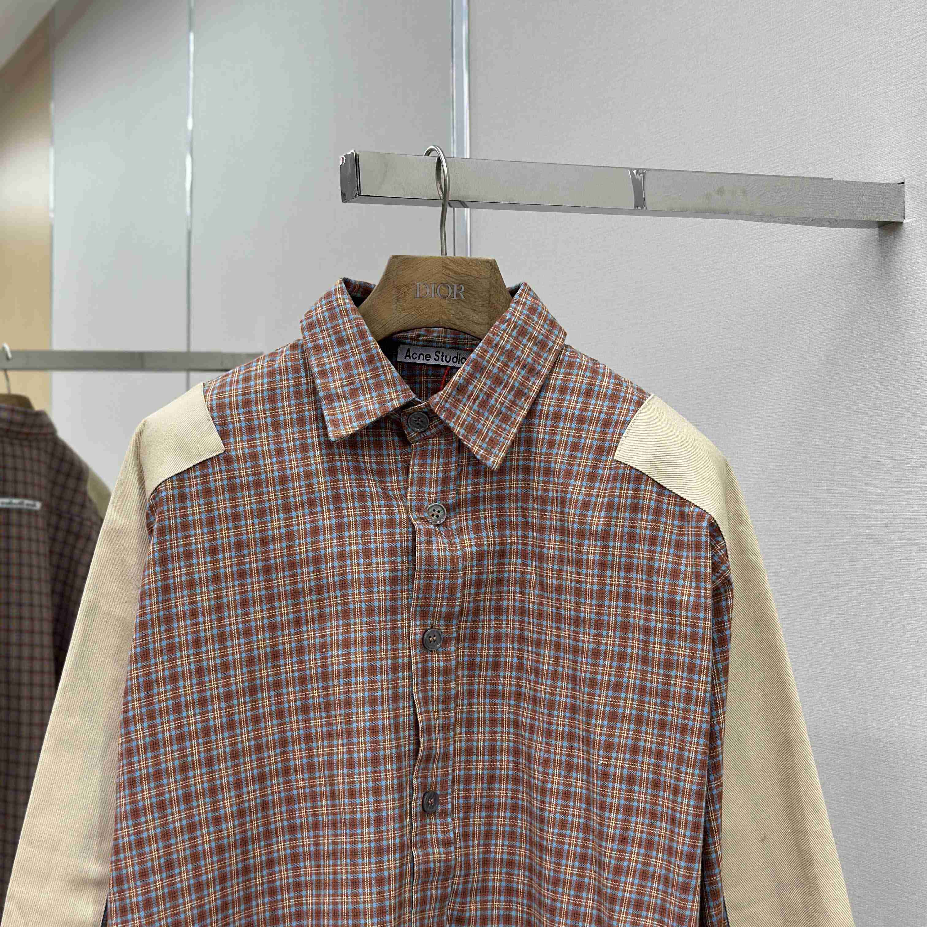 Acne Studios Brown Relaxed Checked Flannel Shirt with Striped Arm Panel - DopestKickz
