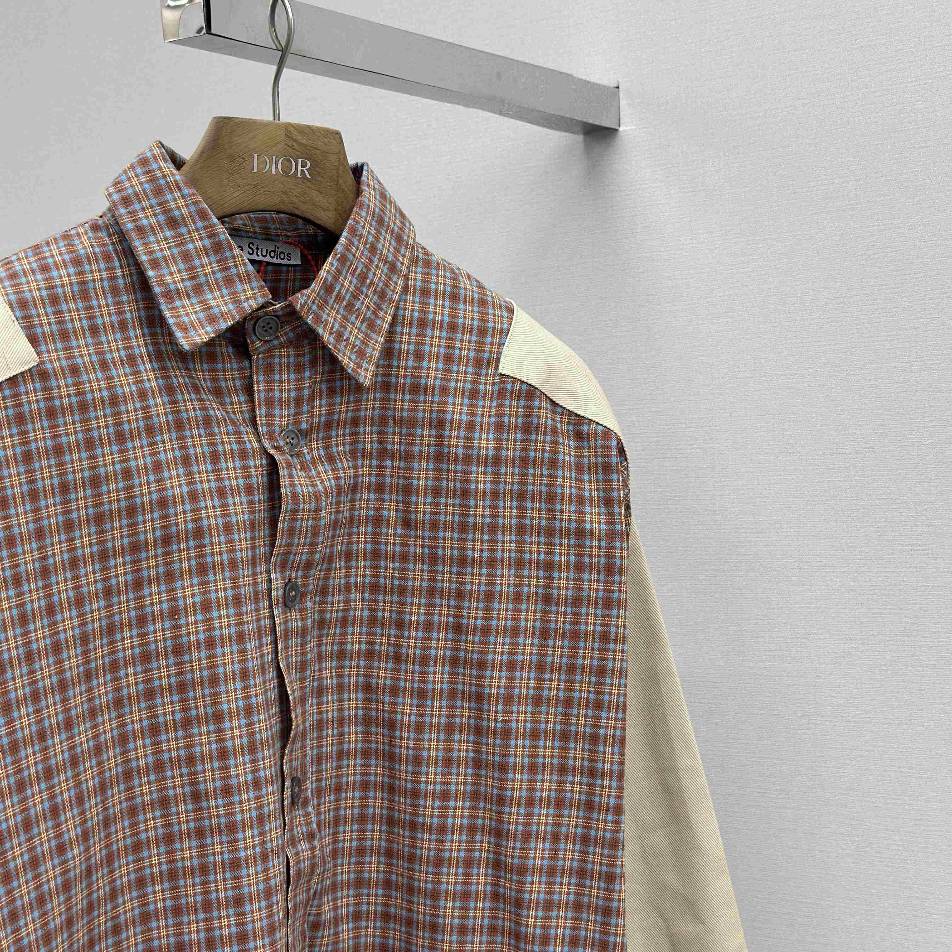 Acne Studios Brown Relaxed Checked Flannel Shirt with Striped Arm Panel - DopestKickz