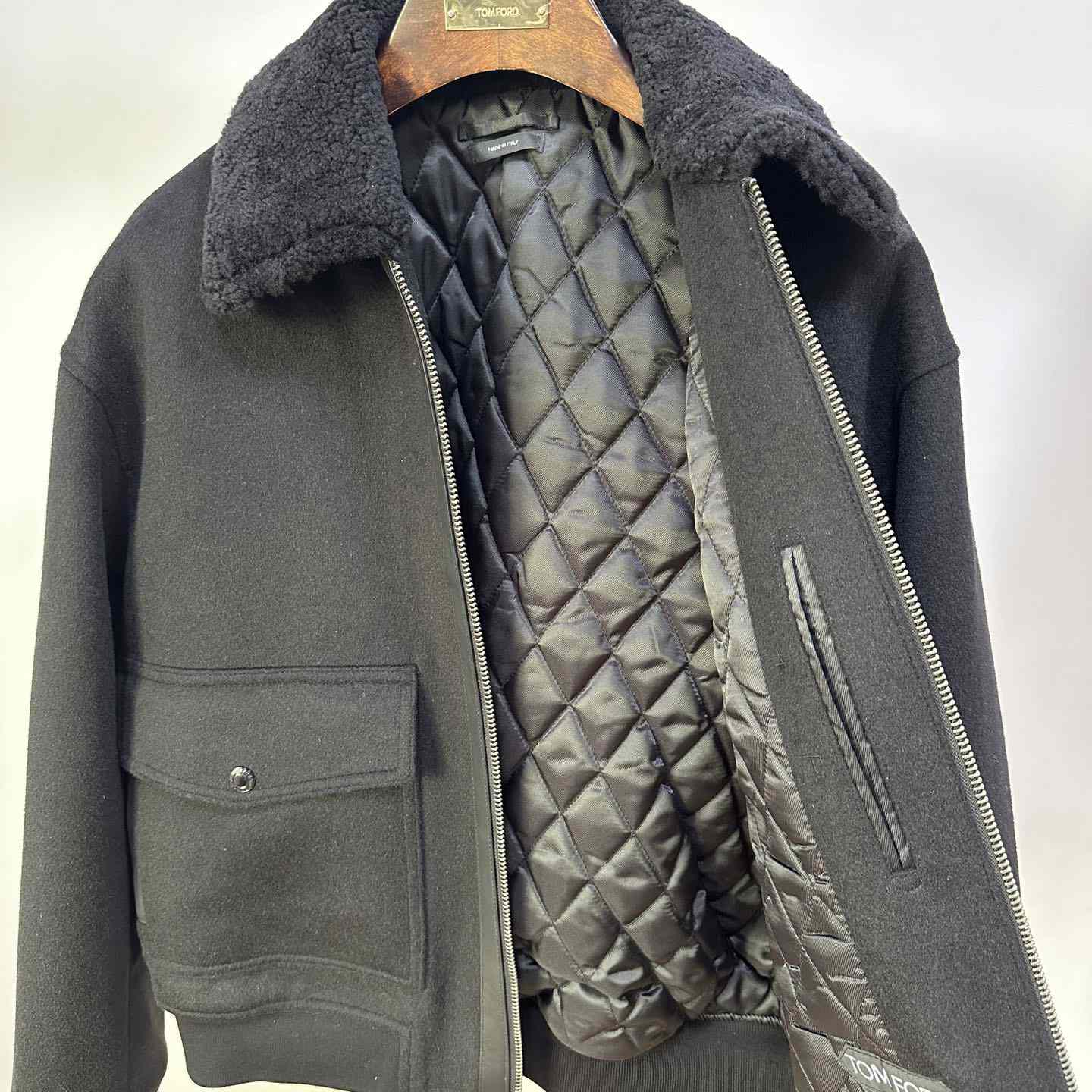 Tom Ford Black Shearling And Leather-trimmed Wool-blend Bomber Jacket - DopestKickz