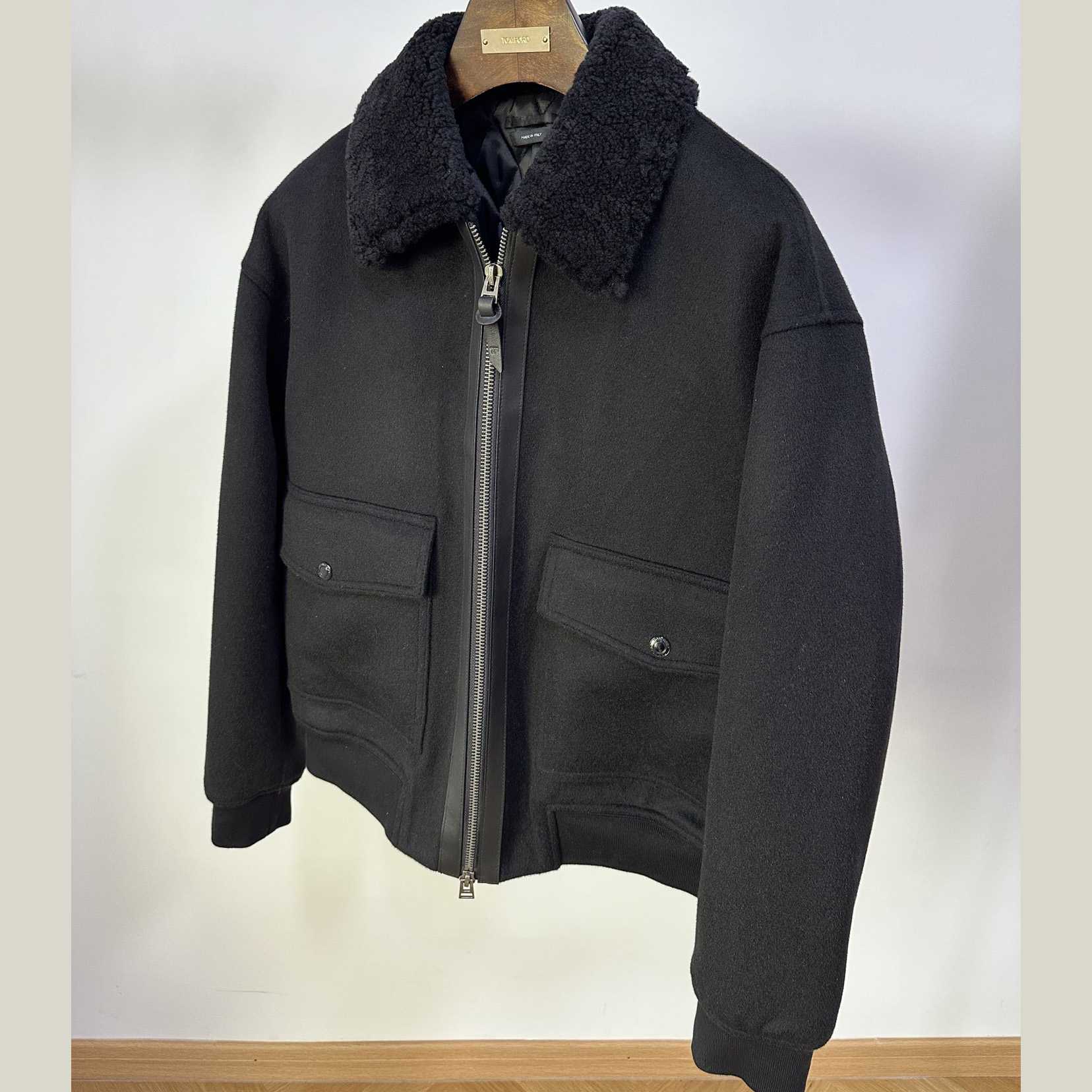 Tom Ford Black Shearling And Leather-trimmed Wool-blend Bomber Jacket - DopestKickz