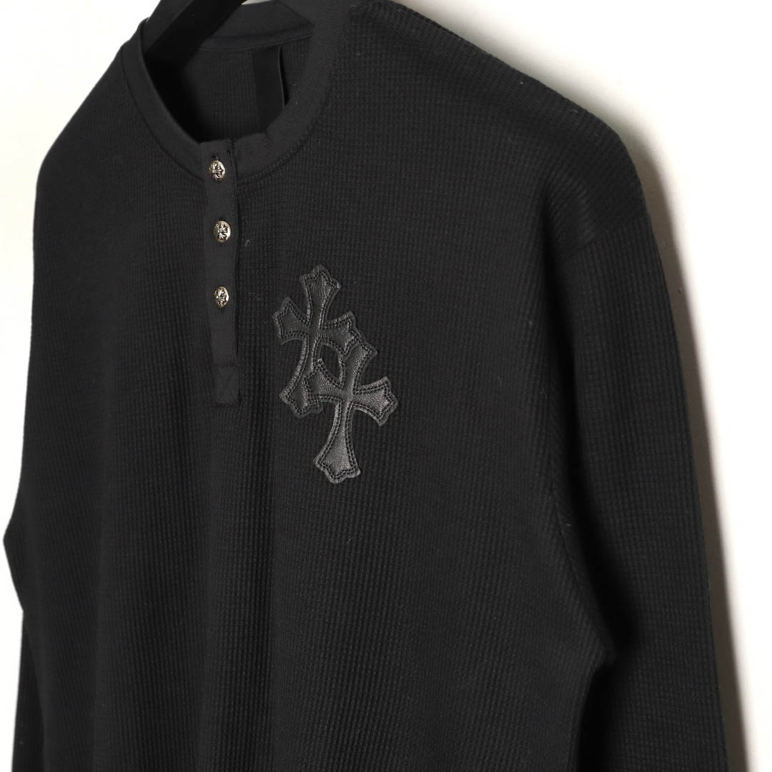 Chrome Hearts  Black Thermal Leather Cross Patch Long Sleeve Tee - DopestKickz