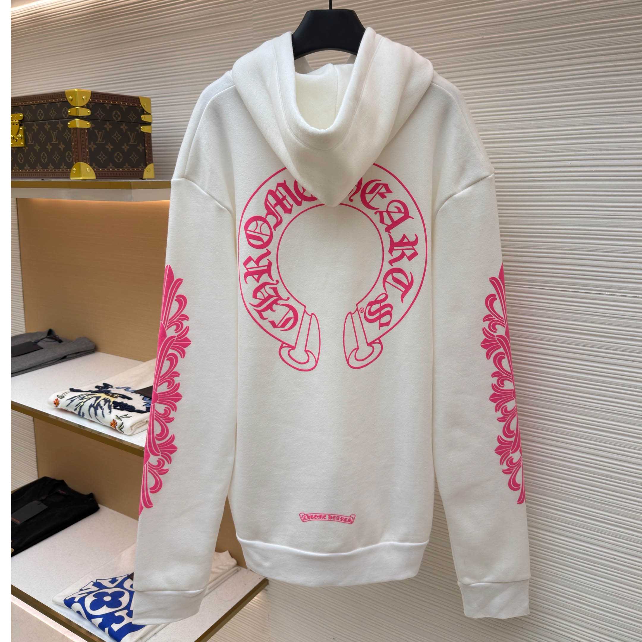 Chrome Hearts Pink Horseshoe Floral Sleeve Pullover Hoodie - DopestKickz