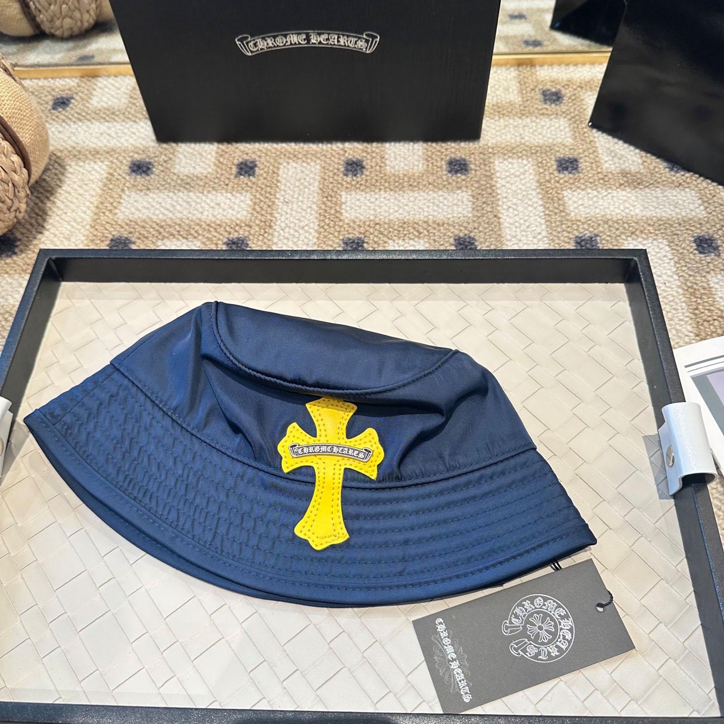 Chrome Heart Yellow Cross Nylon Navy Blue Fisherman Hat - DopestKickz