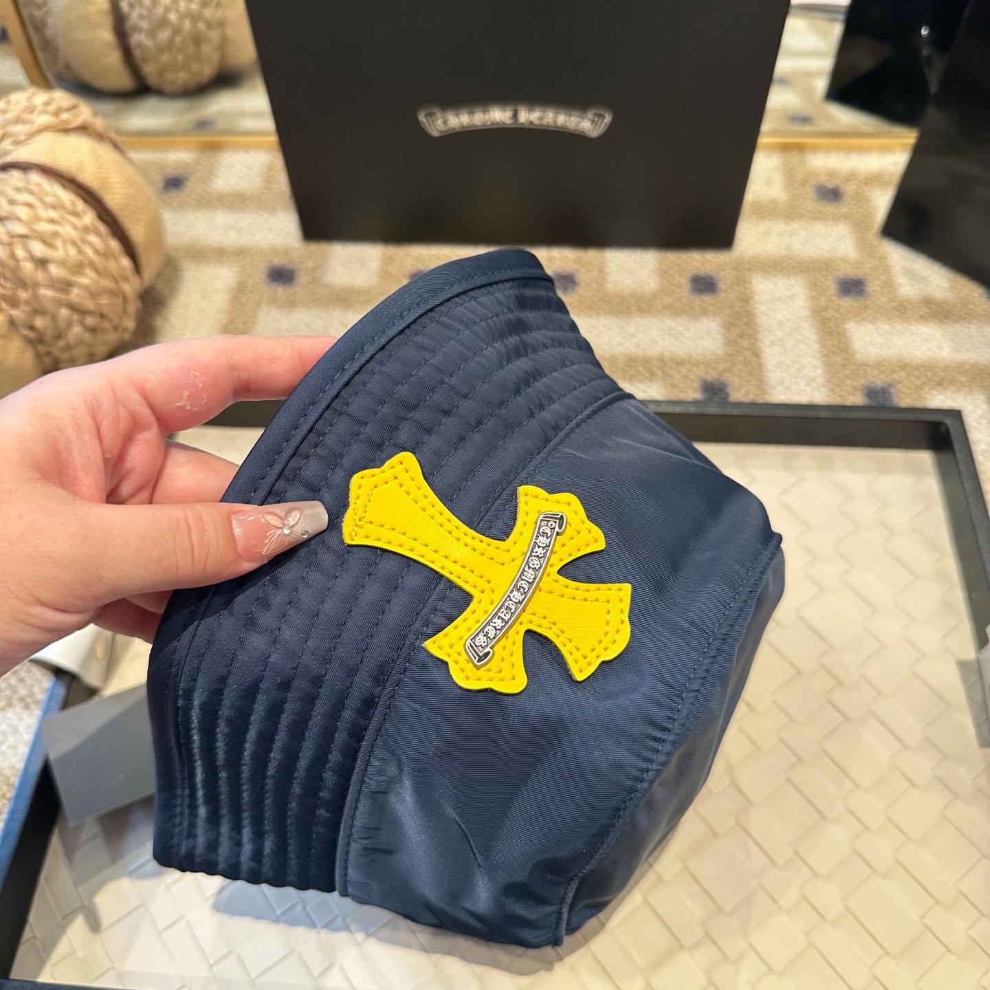 Chrome Heart Yellow Cross Nylon Navy Blue Fisherman Hat - DopestKickz