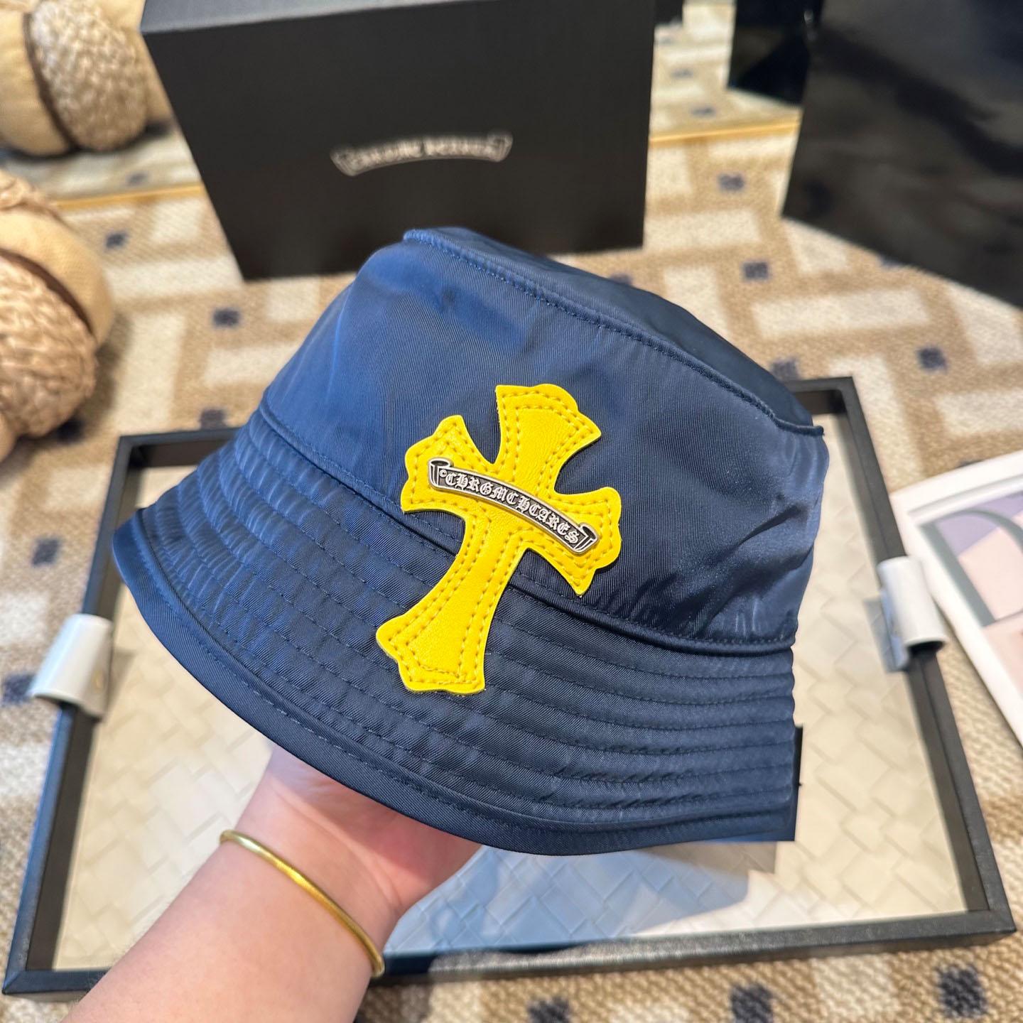 Chrome Heart Yellow Cross Nylon Navy Blue Fisherman Hat - DopestKickz