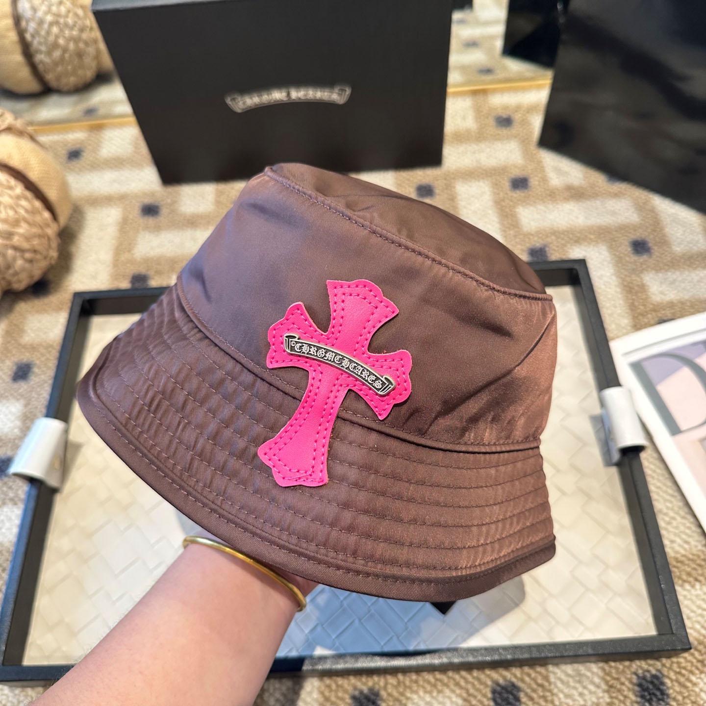 Chrome Heart Pink Leather Cross Patch Brown Bucket Hat - DopestKickz