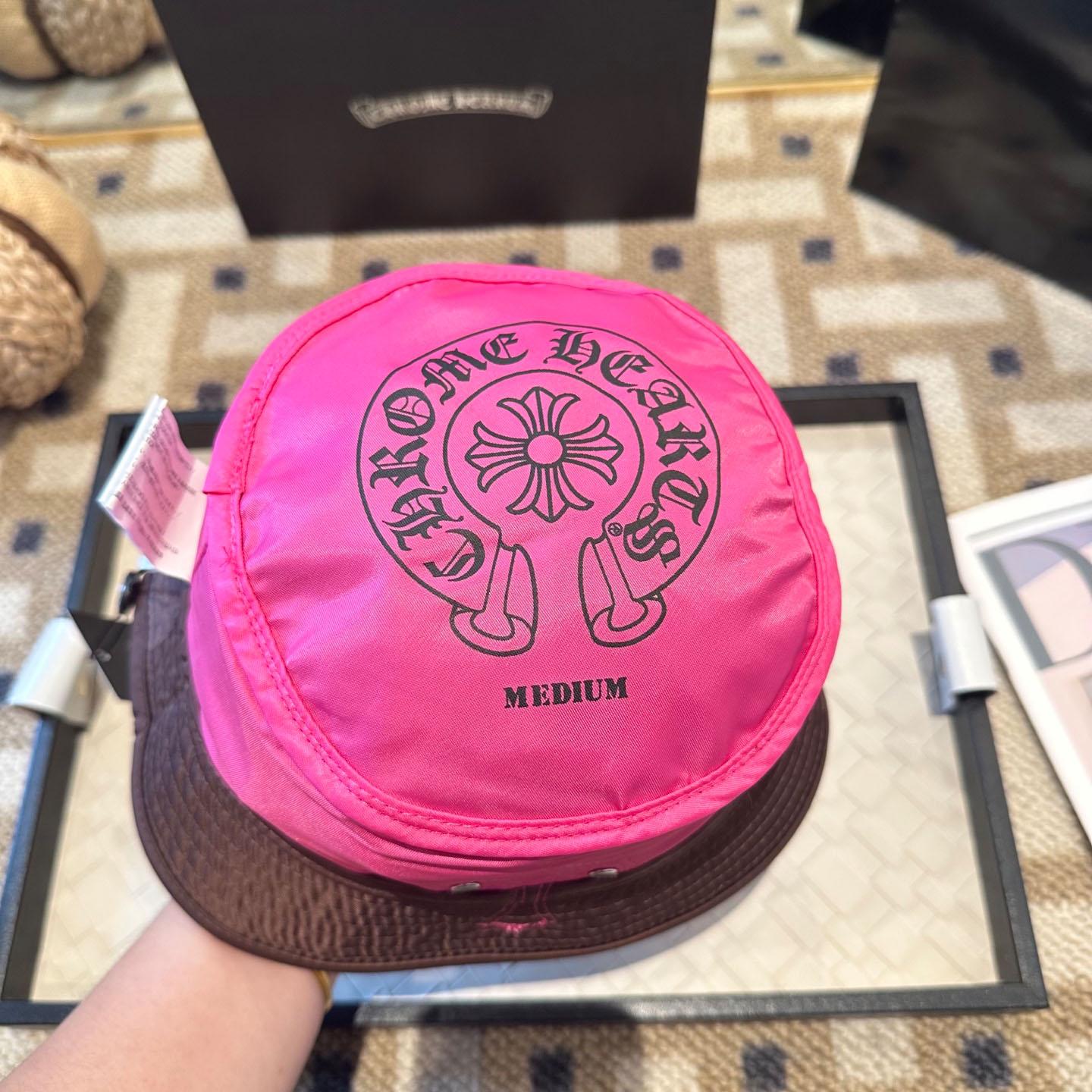 Chrome Heart Pink Leather Cross Patch Brown Bucket Hat - DopestKickz