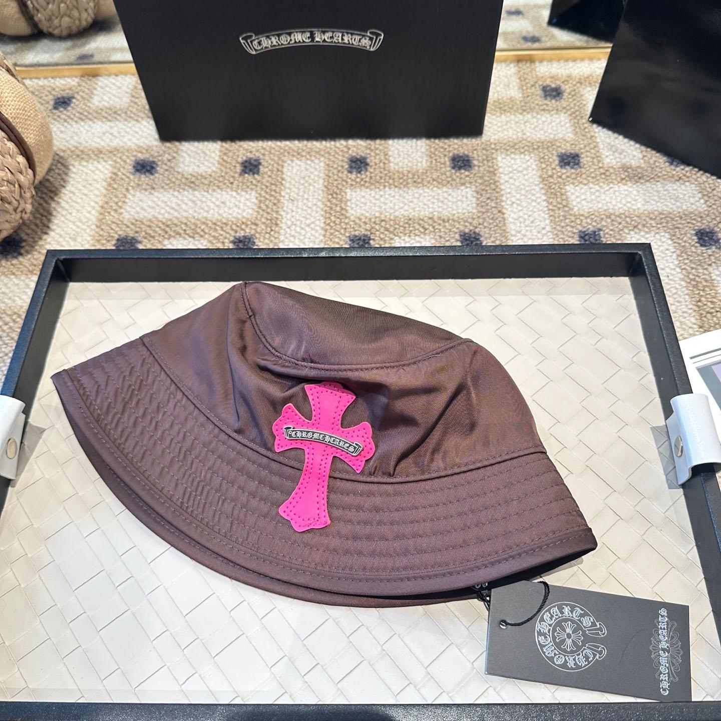 Chrome Heart Pink Leather Cross Patch Brown Bucket Hat - DopestKickz