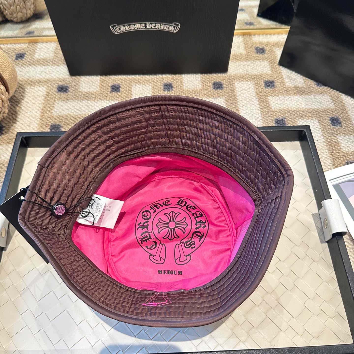 Chrome Heart Pink Leather Cross Patch Brown Bucket Hat - DopestKickz