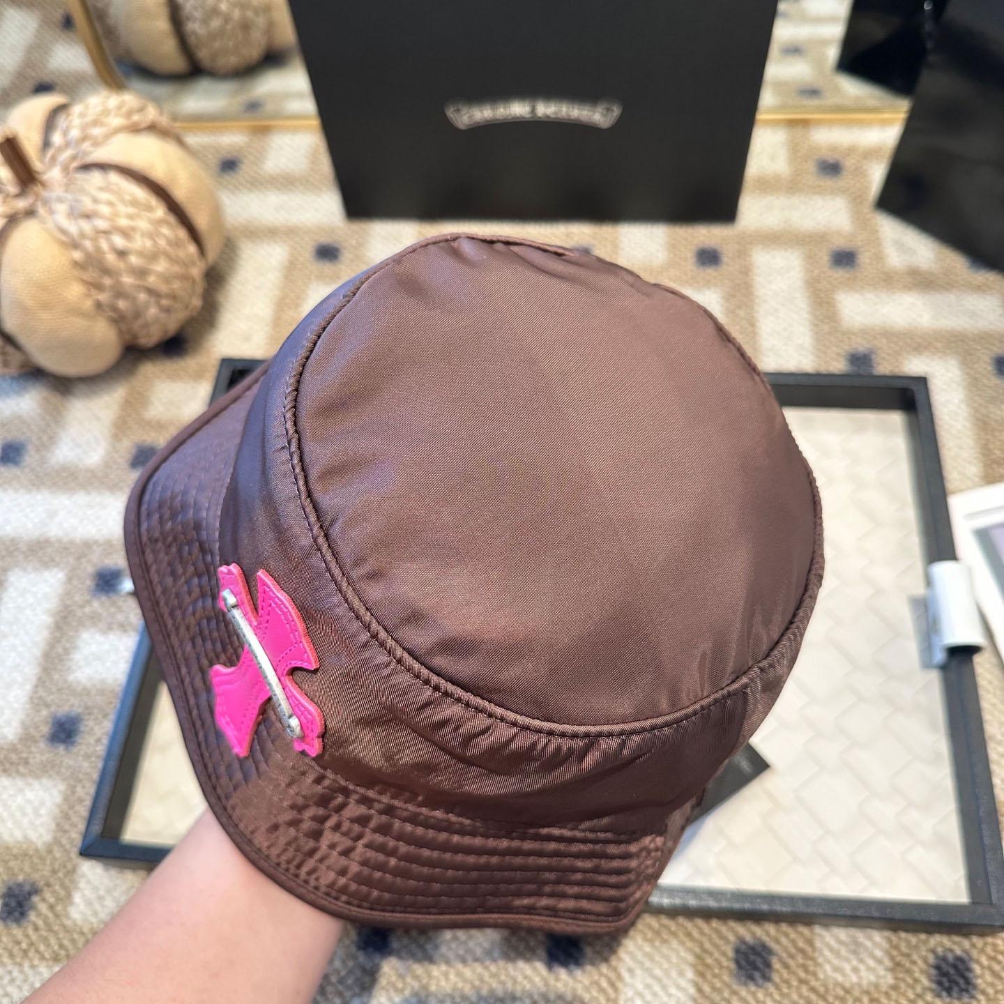 Chrome Heart Pink Leather Cross Patch Brown Bucket Hat - DopestKickz